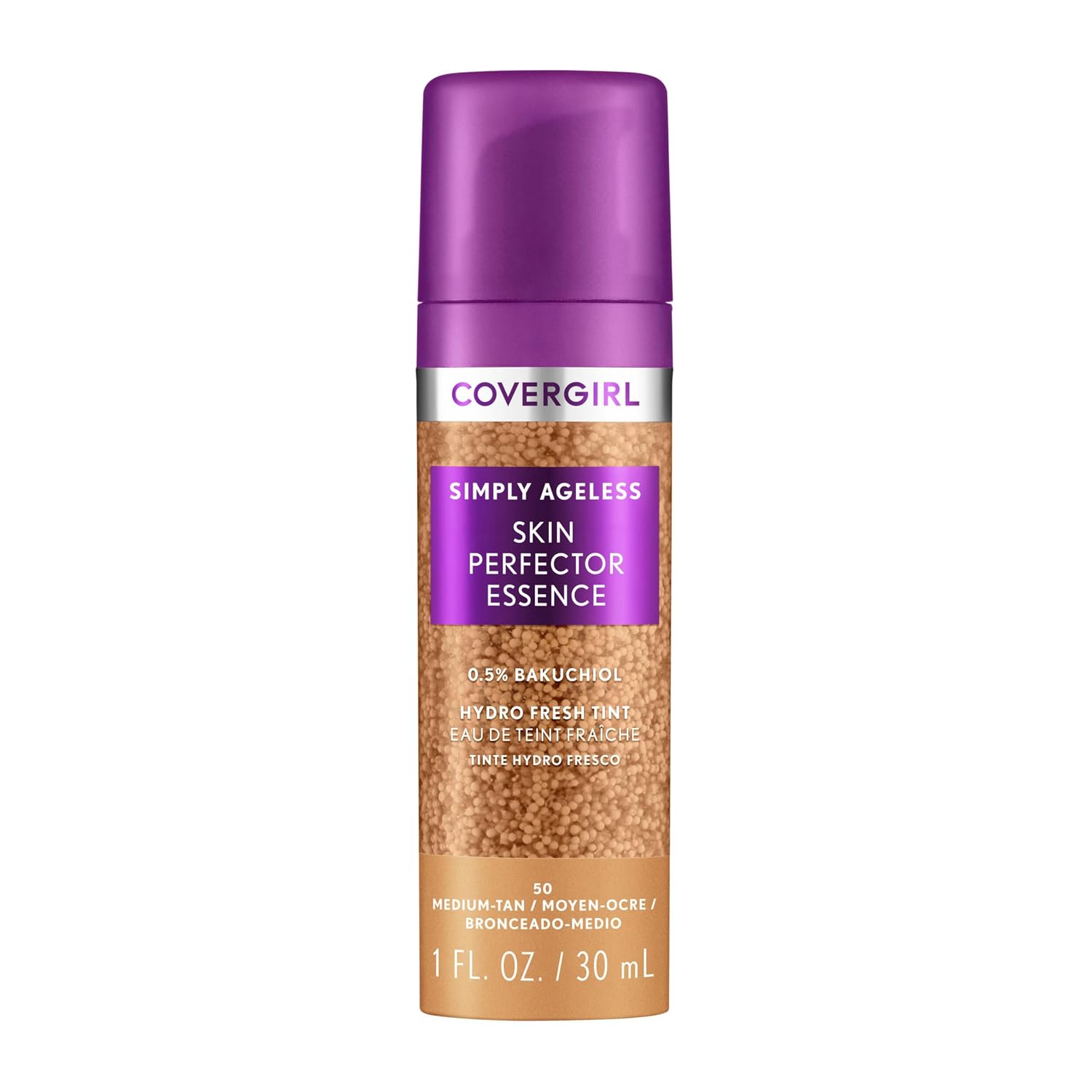Covergirl Simply Ageless Skin Perfector Essence Foundation, 50 Medium-Tan, Tinted Skincare Makeup Hybrid, Sheer Tint, Radiant Finish, Glowy Finish, Vegan Formula, 1.0oz