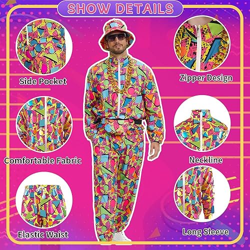 Miniatura 3 de Traje retro de los años 80 y 90 para hombre, 8 piezas, disfraz vintage de Halloween de los 80 para hombre, conjunto deportivo con accesorios