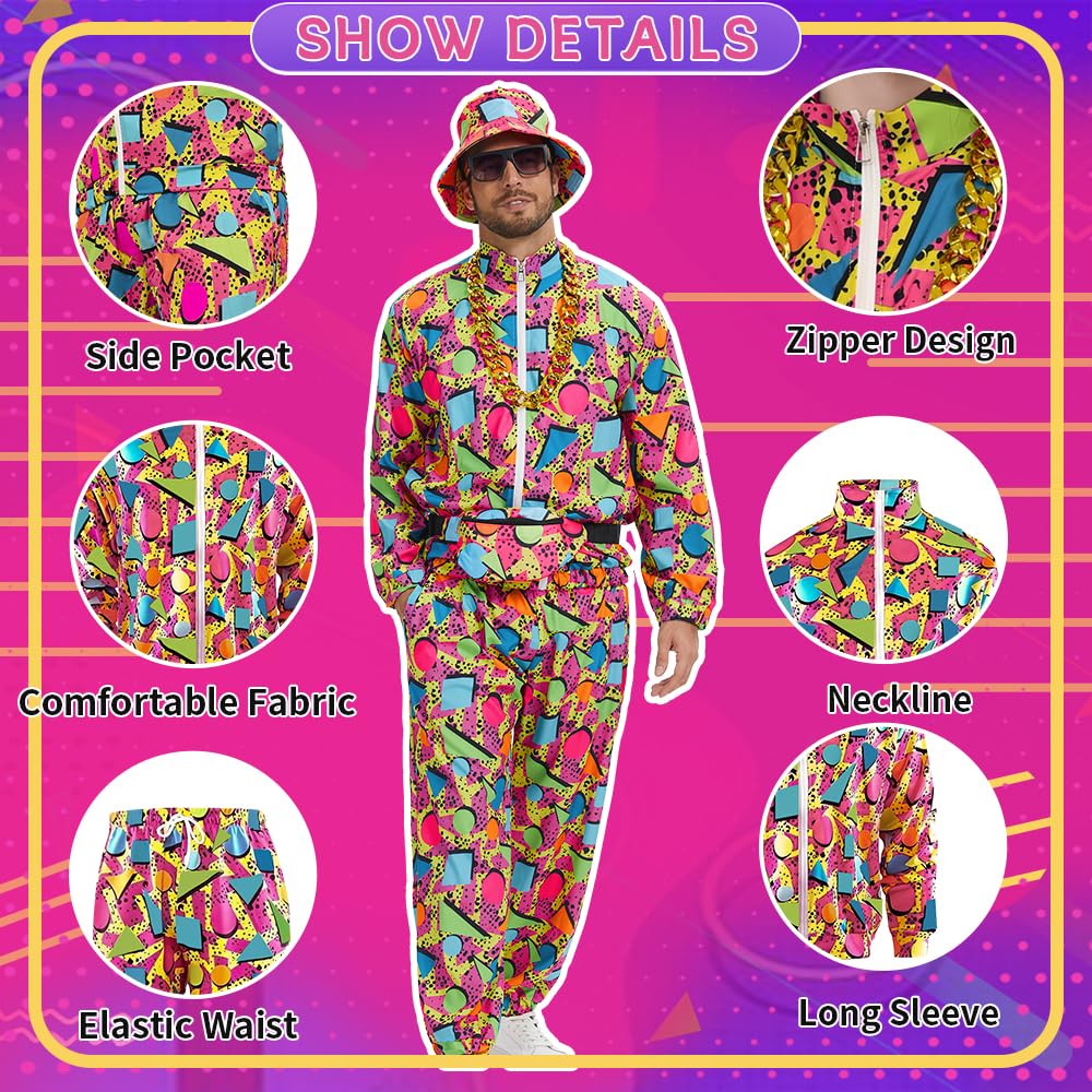 Strój z lat 80., męski dres w stylu lat 90., retro, dres na Halloween, karnawał, kostium sportowy, 8 szt
