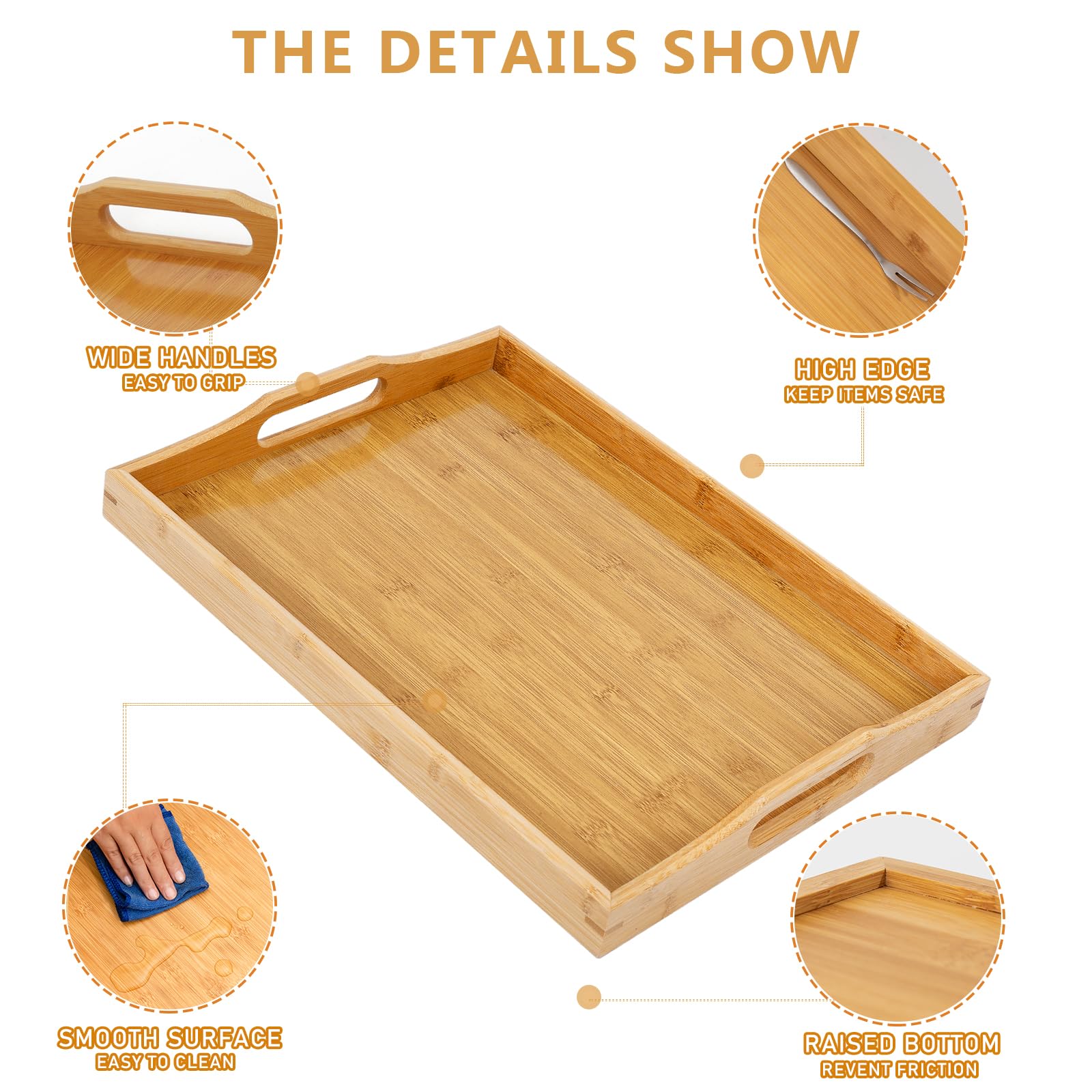 Vassoio Legno Rettangolare, Set di 2 Vassoi da Portata Grandi e Piccoli in Bambù (42 x 32 CM, 38 x 25 CM)