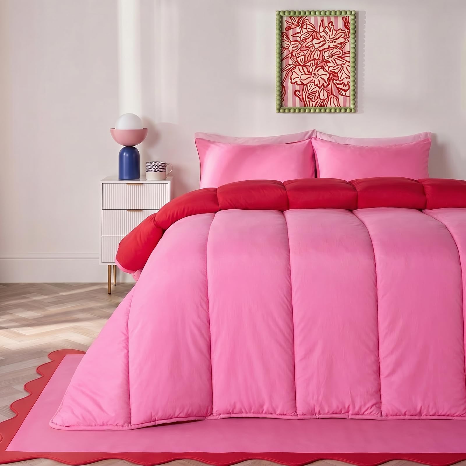 OHS Double 10.5 Tog Reversible Coverless Duvet with Pillowcases - Bright Pink