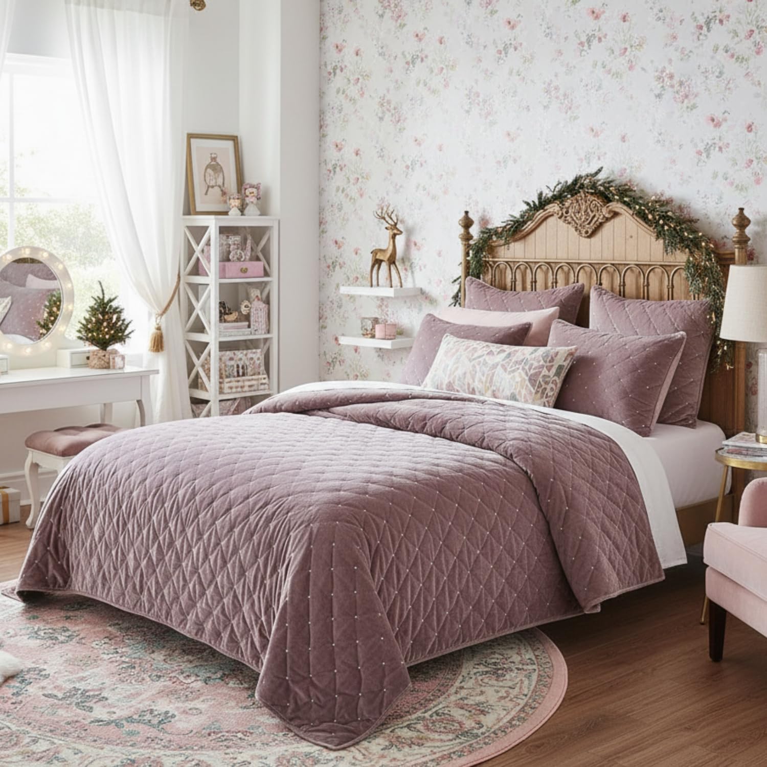 Tache Velvet Quilt Set Queen Size Luxurious Velveteen Velour Super Soft Plush Warm Cozy Diamond Tufted Polka Dot Quilted Coverlet Light Purple Mauve Bedspread Set, Queen