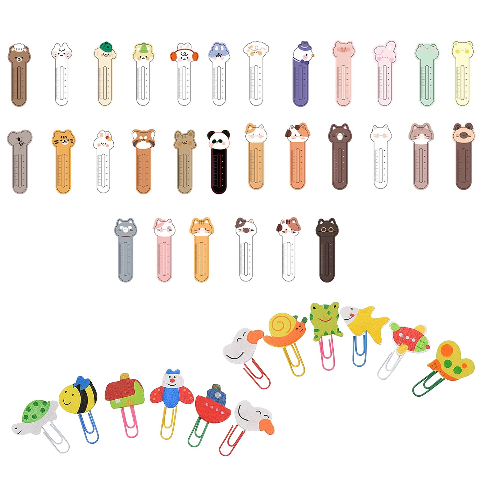 Marcadores de Regla de Animales, Marcapáginas Animales, Madera marcapáginas página clip, Marcadores De Animales Lindos, Marcapaginas Niños, 30 piezas Marcadores de Regla y 12 Hojas Mini Paper Clip