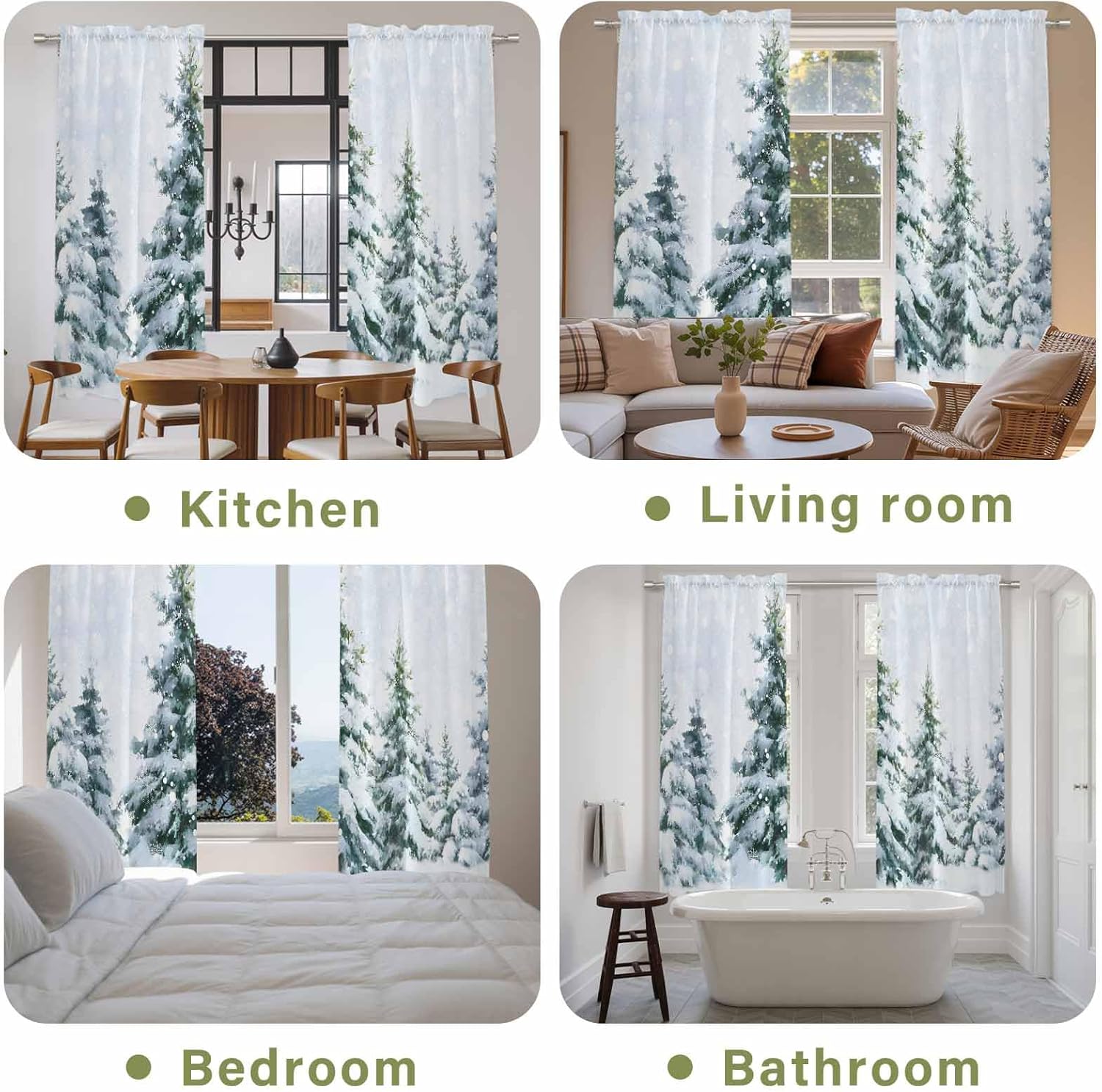 Christmas Tree Window Curtains 72 Inch Long 2 Panel Set, Rod Pocket Long Curtains & Drapes, Snowflake Winter Farmhouse Xmas Tree Light Filtering Window Treatment for Bedroom Living Room 52"W x 72"L