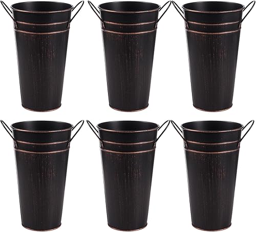 Miniatura 7 de 6 jarrones de metal galvanizado, cubos de metal para flores, florero de flores de 9.8 pulgadas con asas, jarrones rústicos de granja para decoración