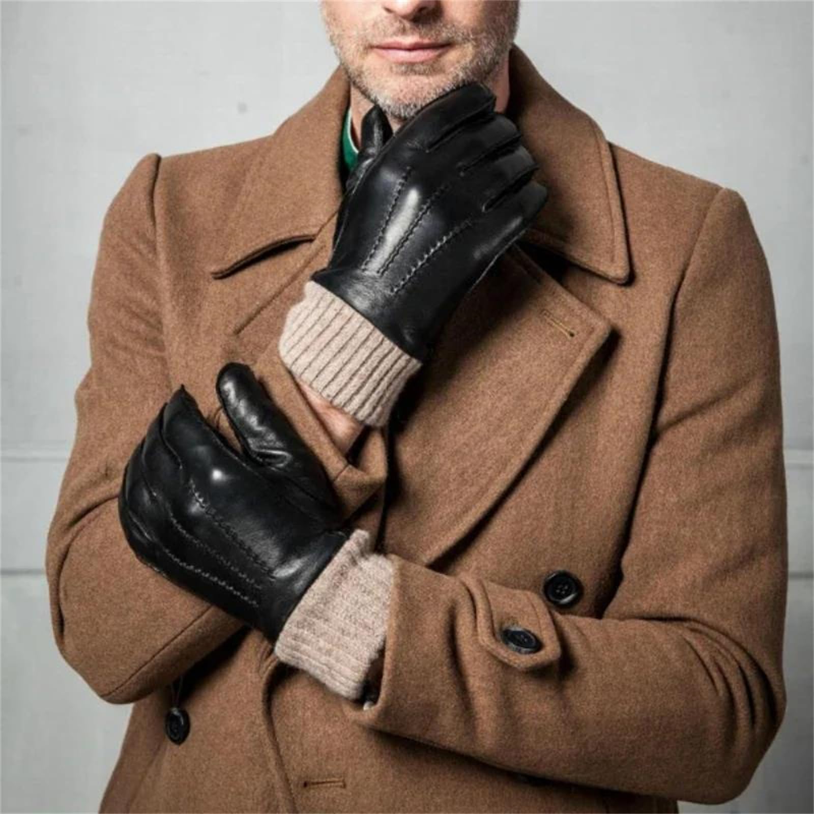 Guantes de piel de oveja auténtica para hombre, ondulados, para pantalla táctil, con forro de lana, guantes de conducción cálidos para invierno