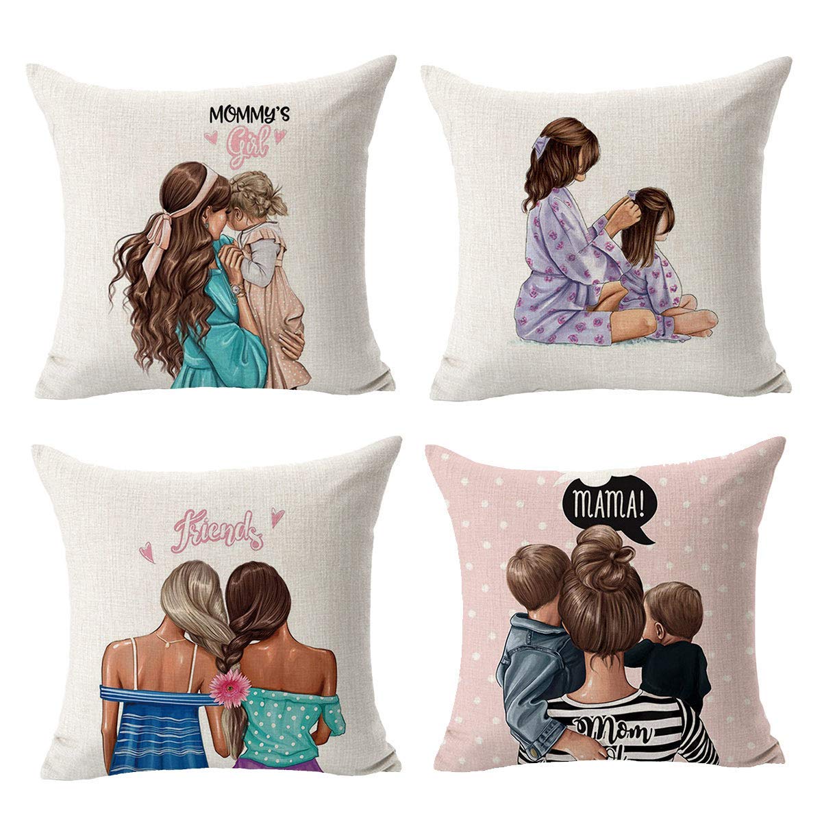 4-Piece Set of Mother's Day Decorative Pillowcase Cotton Linen Cushion Pillowcase 18x18 inch Suitable for Living Room Sofa and Bed