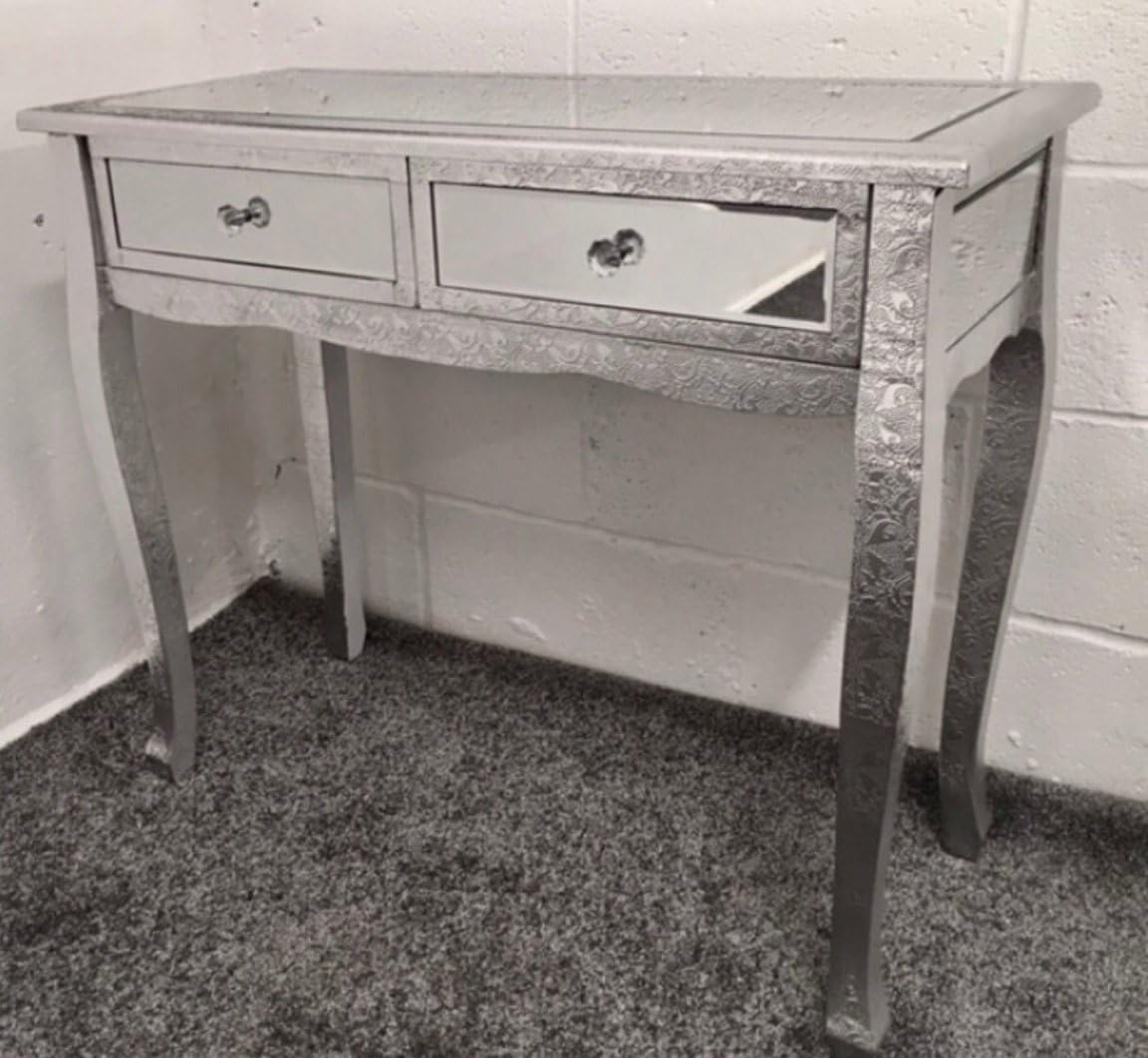 CMD Products Chaandi Kar Metal Embossed Silver Mirrored 2 Drawer Console Dressing Table