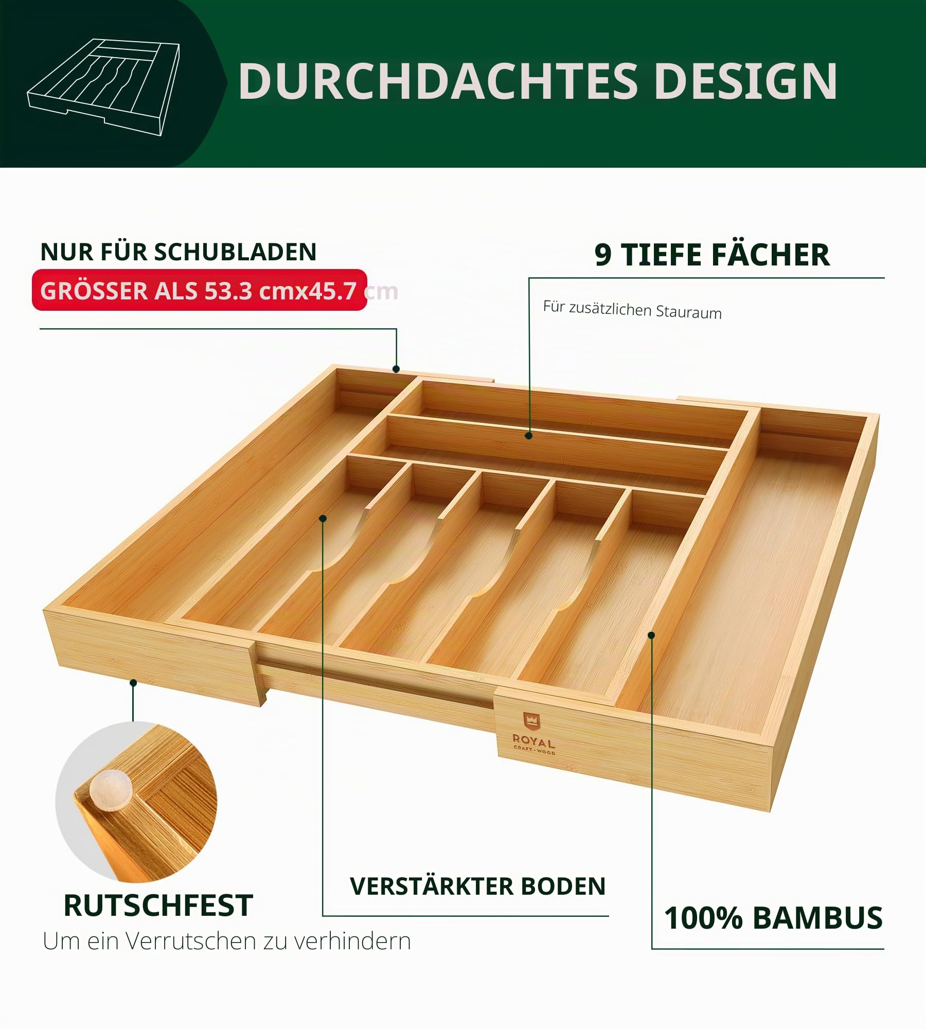 Luxuriöser Bambus-Küchen-Schubladen-Organizer – Besteck-Organizer – Utensilienhalter und Besteckkasten mit gerillten Schubladenteilern für Besteck und Küchenutensilien (9 Fächer, natur)