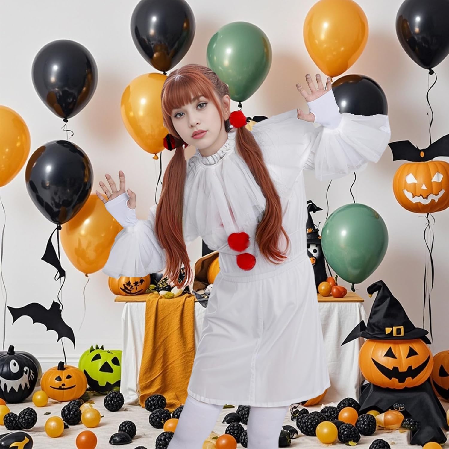 Tayfremn 12Pcs Halloween Clown Costumes Women Mesh Ruffle Neck Collar Cuffs Clown Accessories with Red Pom Poms Glove and Sock for Halloween Cosplay Party Women Girl - Image 8