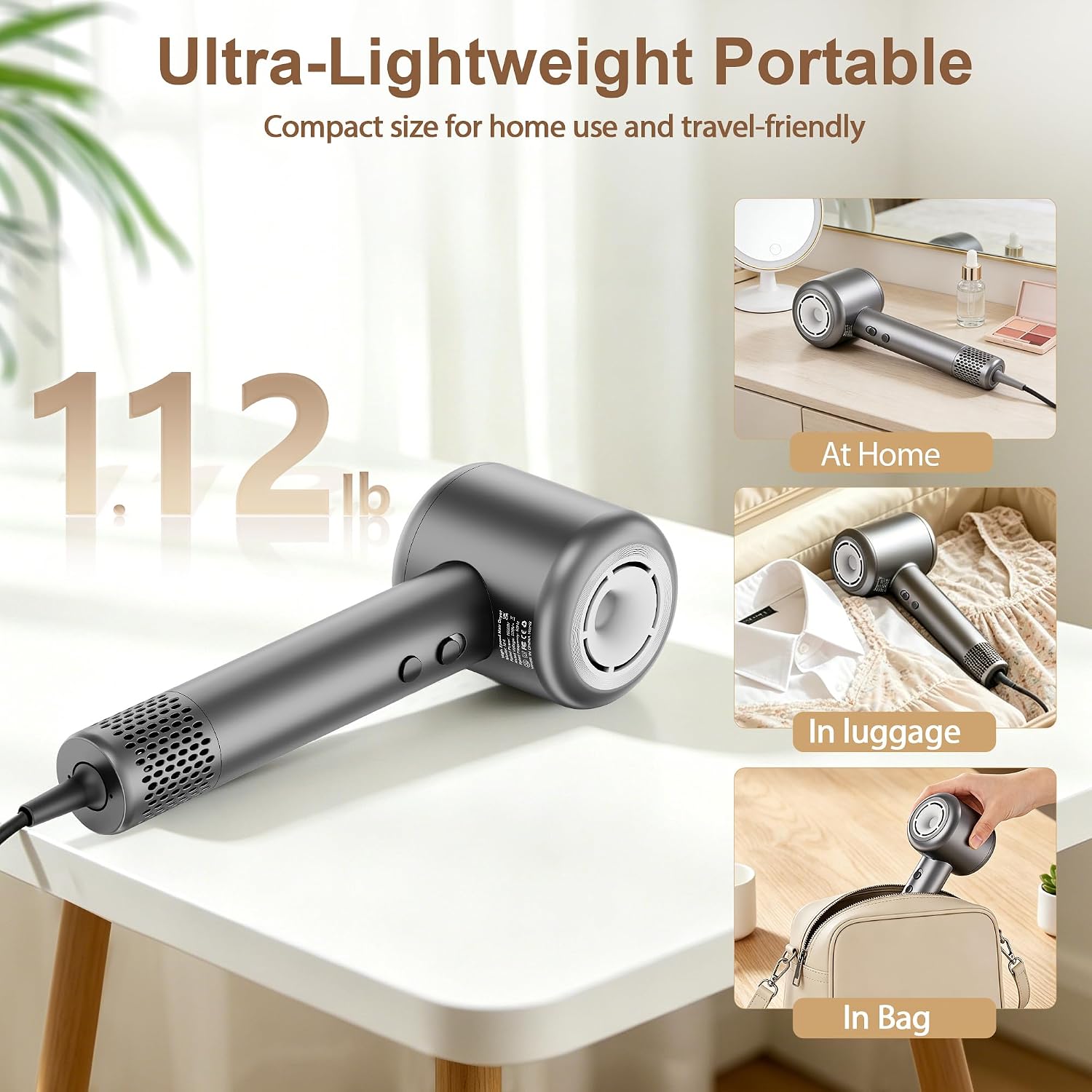 High Speed Hair Dryer, 160000 RPM Brushless Metal Motor with 500M Negative Ions, 1500W Professional Low Noise Blow Dryer with 2 Speed 4 Heat, NTC Thermostat, Compact Travel Hairdryer for Home Salon
