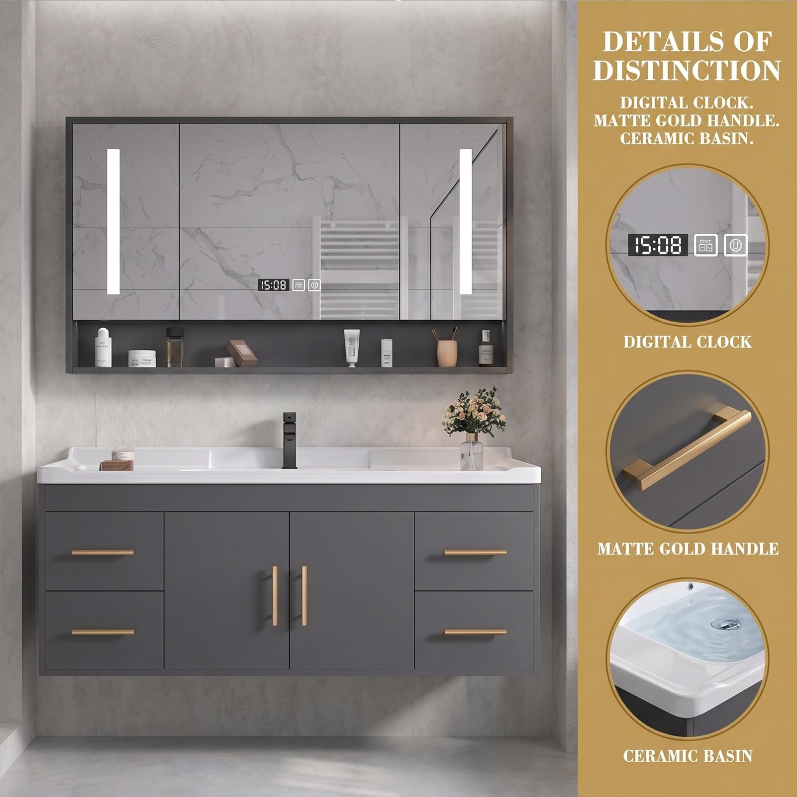 Badmöbel Set mit Waschbecken und Spiegelschrank, Hängender Waschbeckenunterschrank mit Keramikbecken, Modernes Badezimmermöbel Set mit Stauraum für Bad