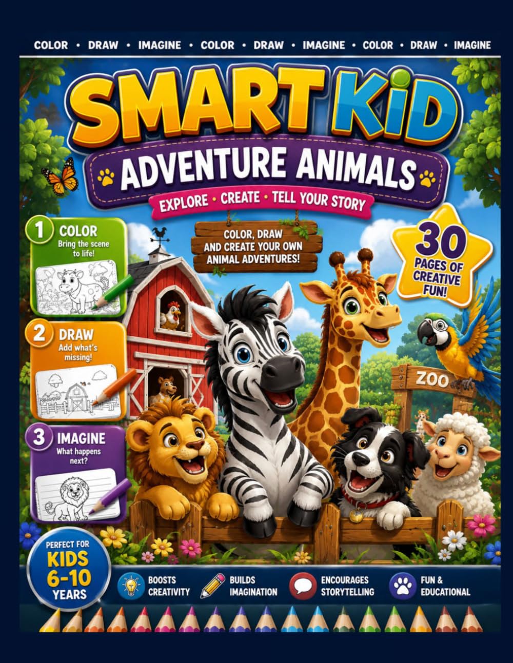 Smart Kid: Adventure Animals : A Creative Coloring and Activity Book to Color, Draw, Design and Imagine Your Own Home - 30 Fun Missions for KIds Ages 6-10