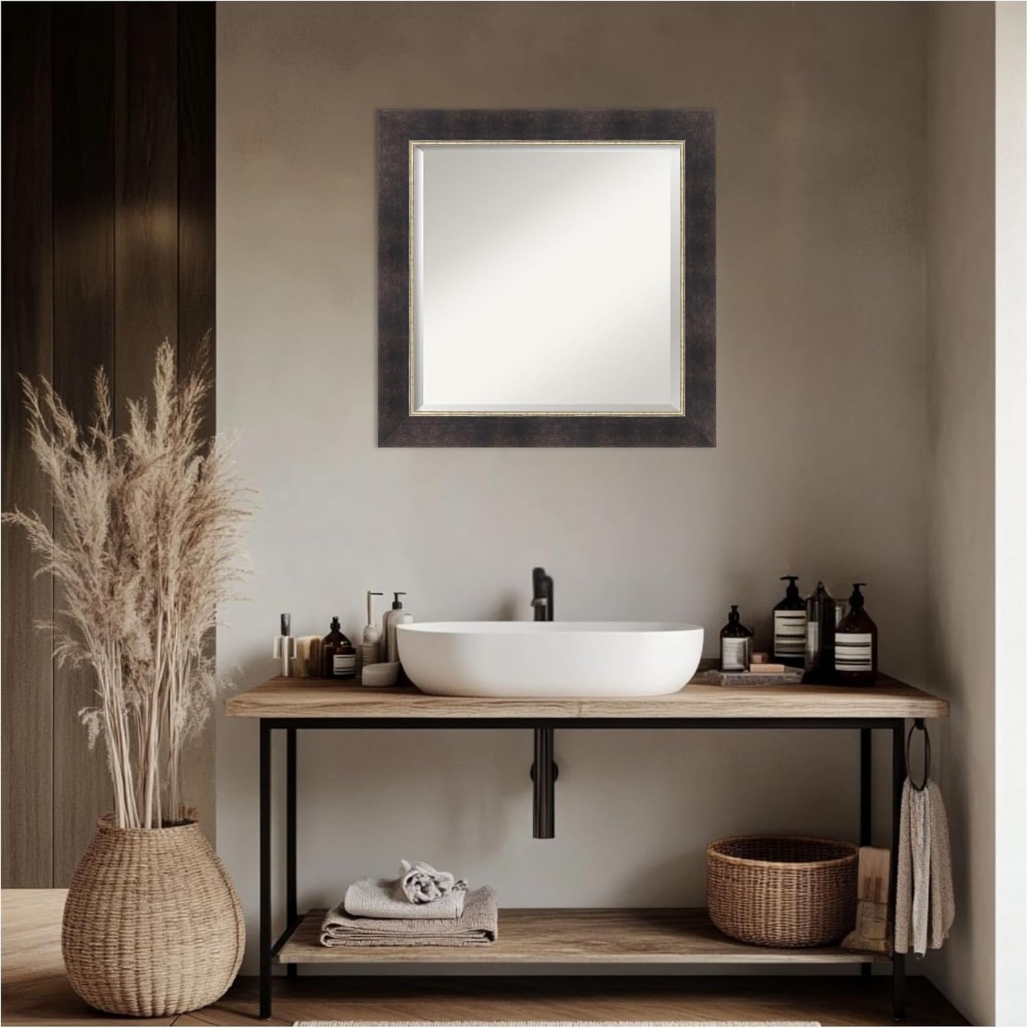 Amanti Art Bronze Bathroom Mirror for Over Sink, 25x25 Odin Antique Bronze Square Vanity Mirror, Medium Modern Wood Frame, Hangs Horizonally and Vertically, Bathroom Wall Decor, Beveled Edge