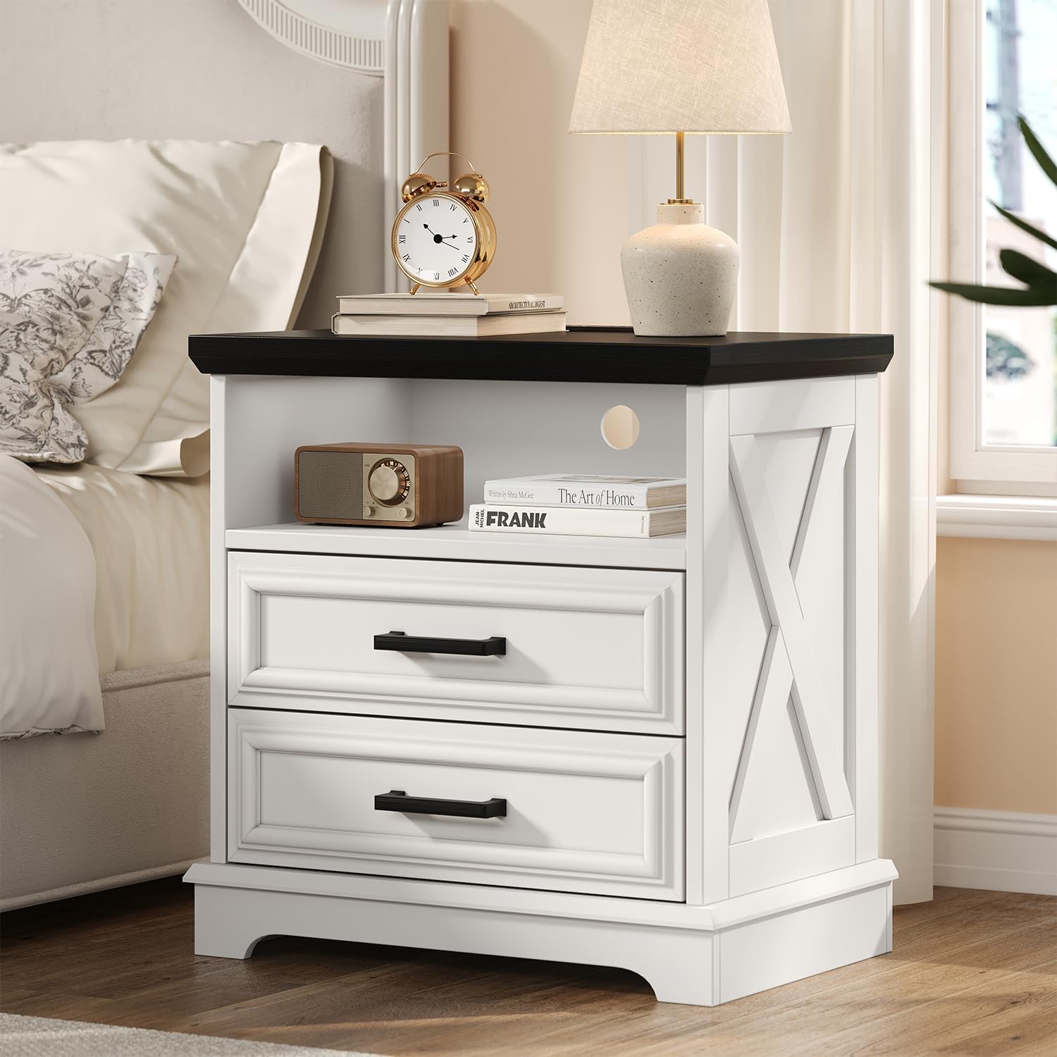 24 Inch Wide Farmhouse Nightstands with Charging Station, White Nightstand with 2 Large Drawers, Rustic Wood End Table for Bedroom