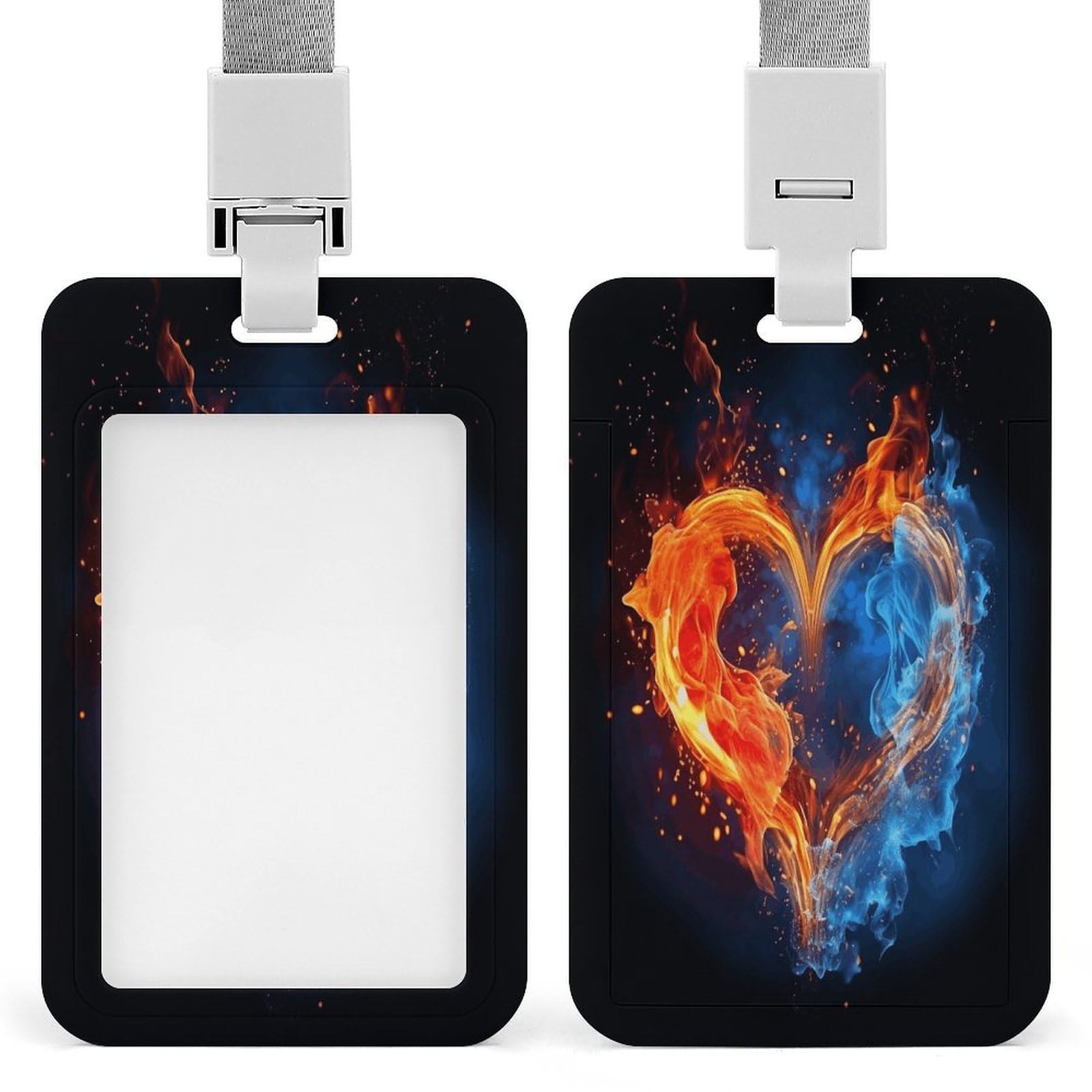 Fire and Water Heart Badge Holder Sliding ID Badge Holder with Clear Window Vertical Plastic Card Case Protector Pouch for Nurse Officer Teacher Security Staff Women Men