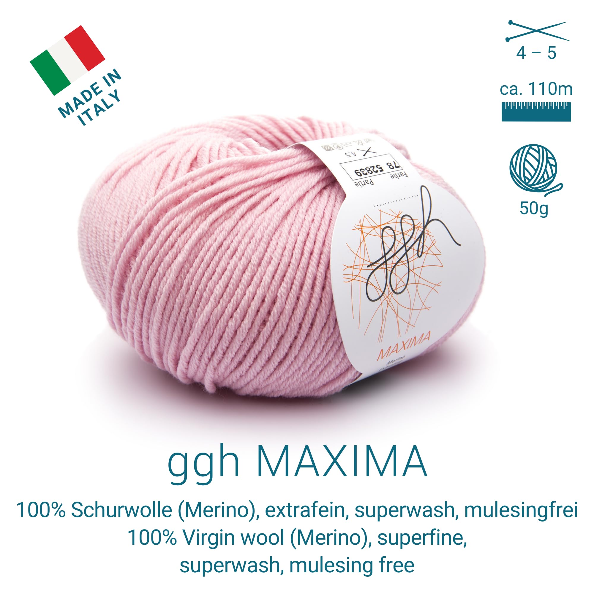 ggh Maxima Box - 6x50g (insgesamt 300g) Merinowolle extrafein und maschinenwaschbar - Nadelstärke 4-5 Farbe 078 - Puderrosa