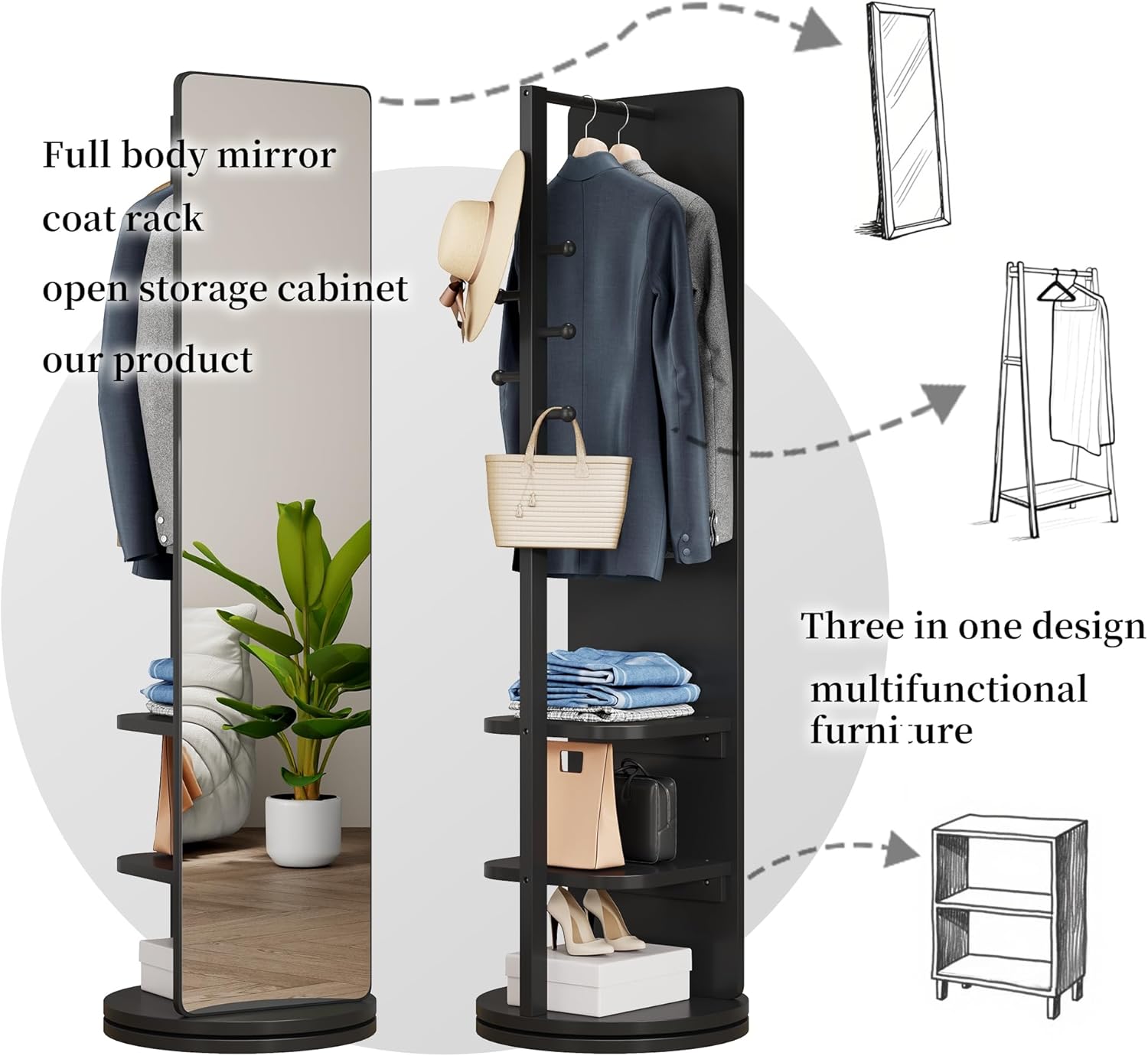 Full Length Mirror with Storage,360° Rotating Multifunctional Standing Full Body Mirror for Bedroom, Stand Coat Rack with Hook， 66"x14" Solid Wood(Black)