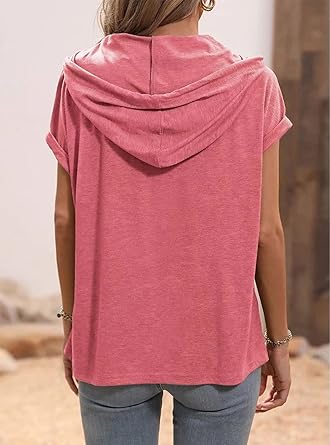 KOOSUFA T-shirt dames zomer korte mouwen bovenstuk hoodie casual effen capuchon sweatshirt tops met trekkoord en knoopsluiting S M L XL XXL, zwart, XL