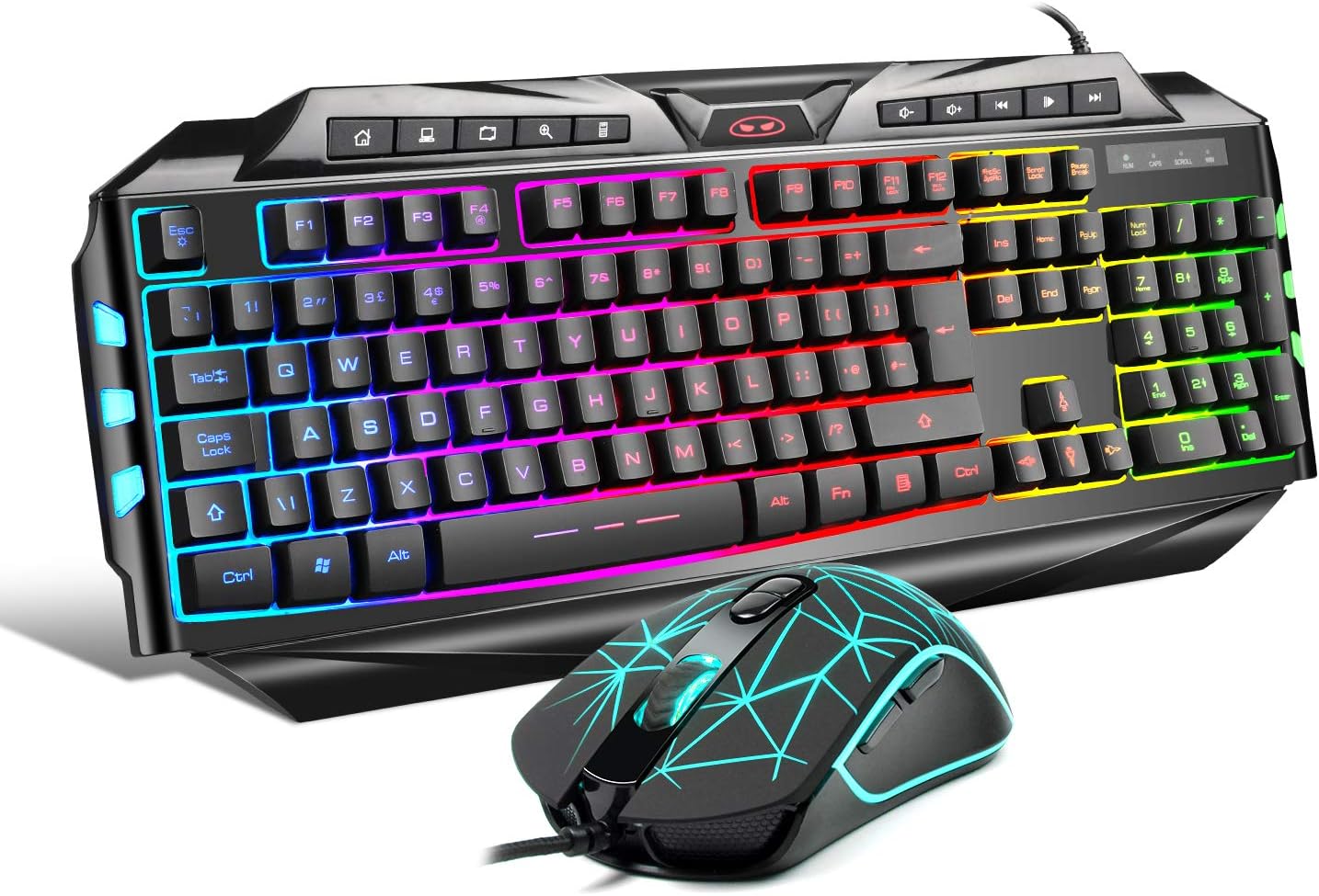 (UK Layout)Gaming Keyboard Mouse set GK710 Rainbow LED Backlit USB Wired Keyboard and 7 Colors Breathing LED Mouse Combo Set for PS4 PC Mac Laptop