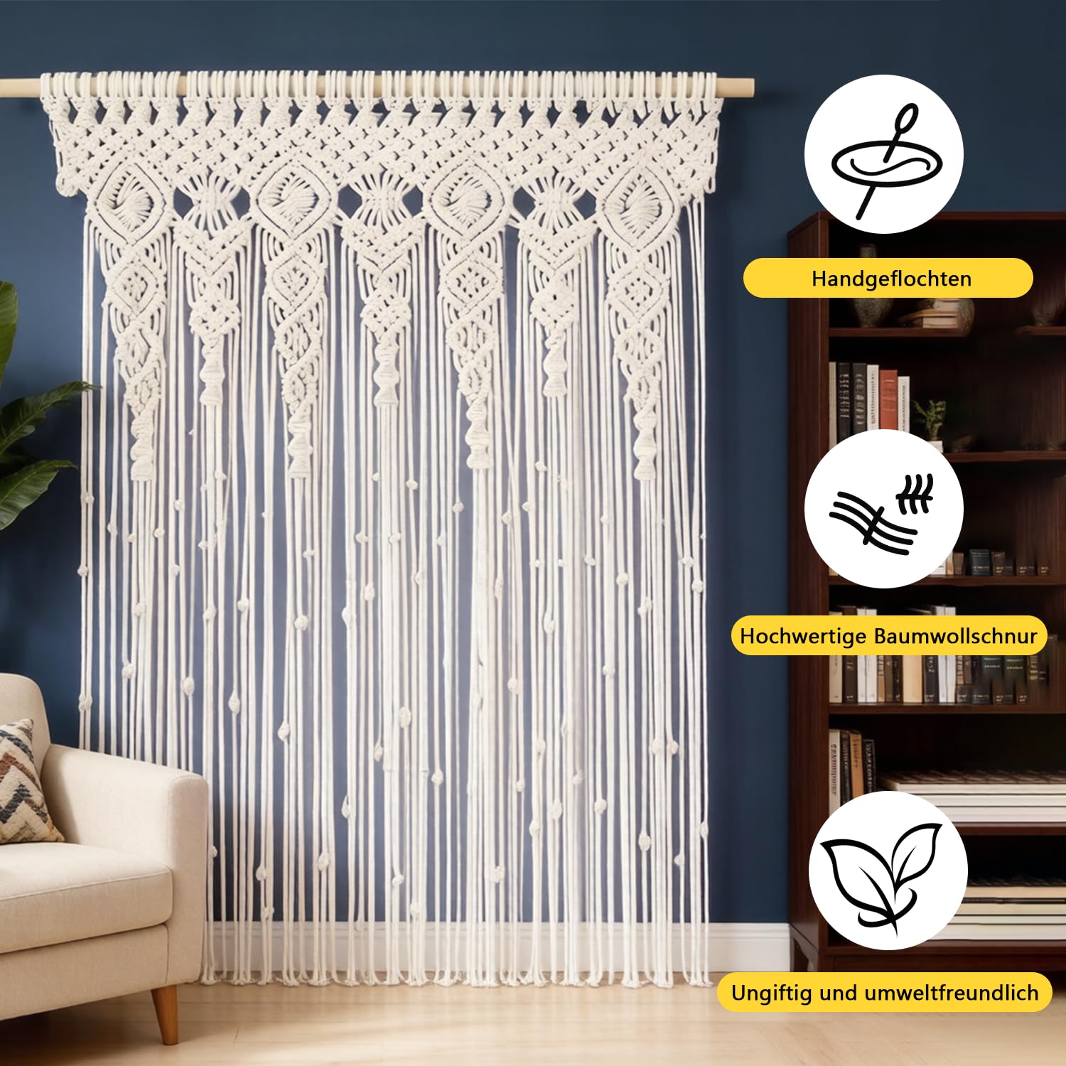 Boho Makramee Vorhang, Handgefertigter Türvorhang mit Fransen aus Baumwollseil, Türhänger & Raumteiler für Schlafzimmer Wohnzimmer Balkontür, Boho Style Wanddeko, 100x200cm