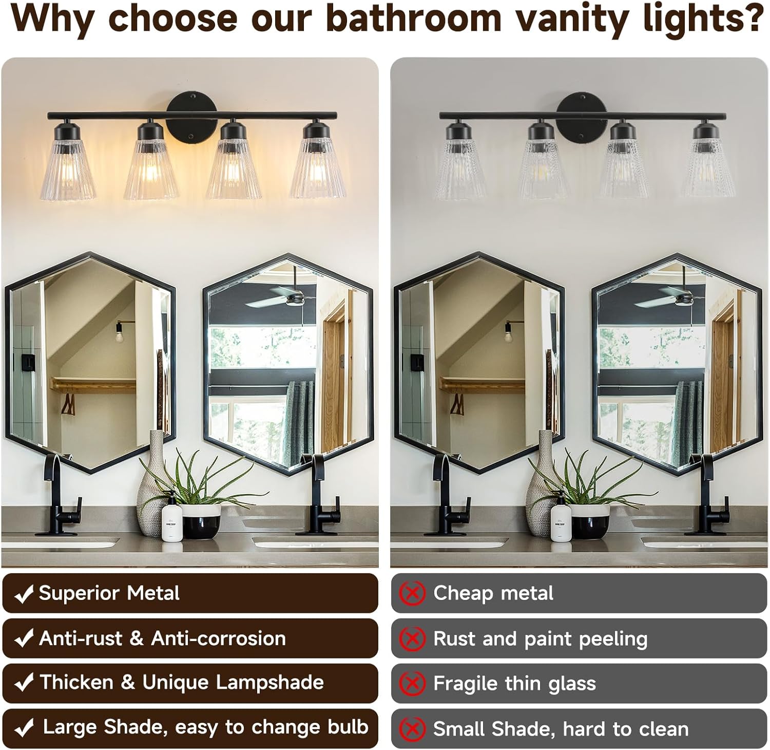 4-Light Bathroom Vanity Light, Matte Black Bathroom Light Fixtures Over Mirror with Stripe Glass, Modern Wall Lamp, Black Wall Sconces for Living Room Bedroom Kitchen Hallway