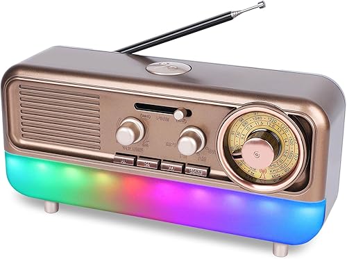 Radio portátil retro AM FM SW Radio de onda corta con luz ambiental colorida, funciona con pilas, carga SUB, tarjeta TF (oro apagado)