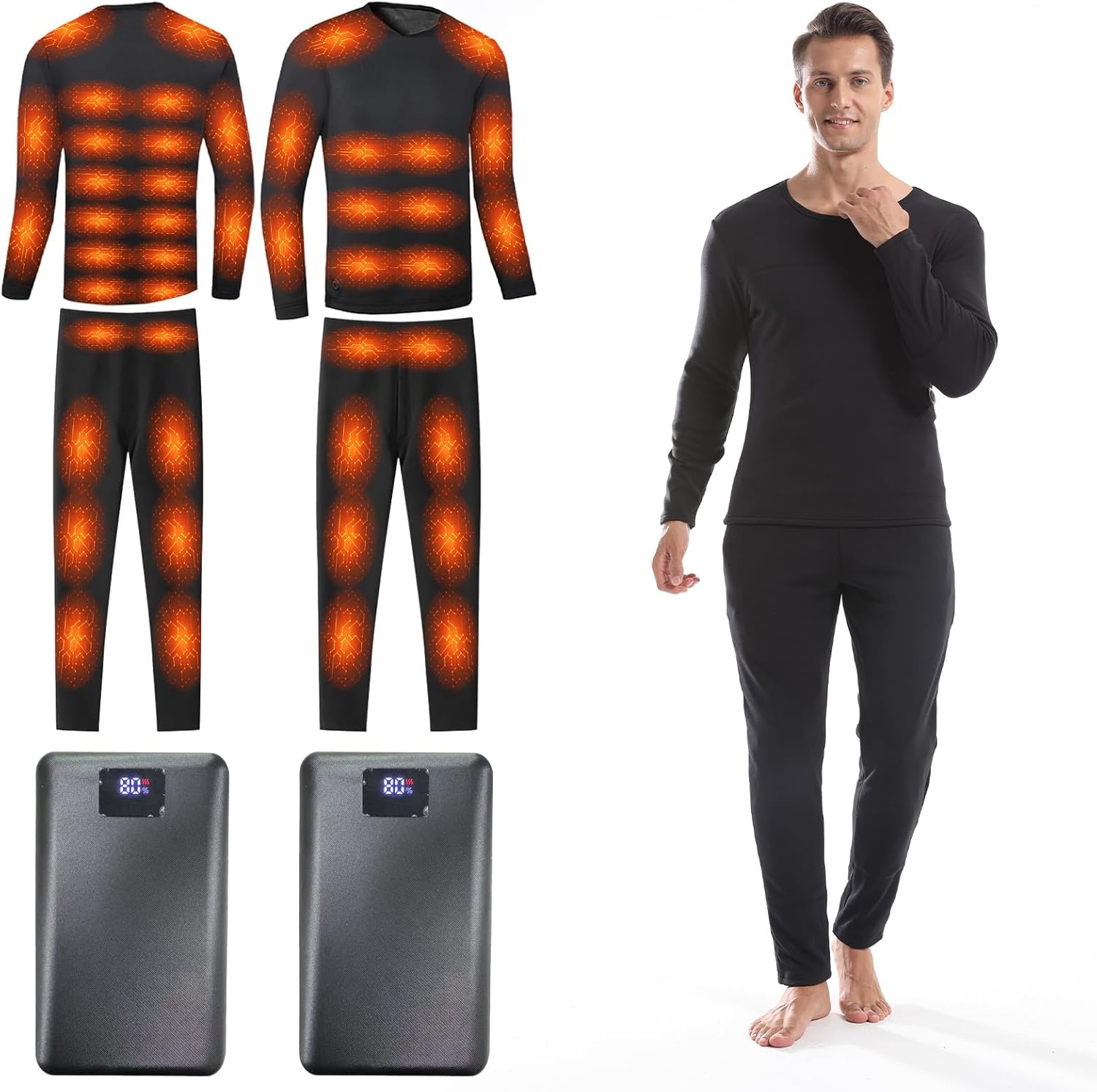 Heated Thermals Underwear Set for Men with 2 Quickly-Charging Batteries, Heated long Johns Shirts and Pants
