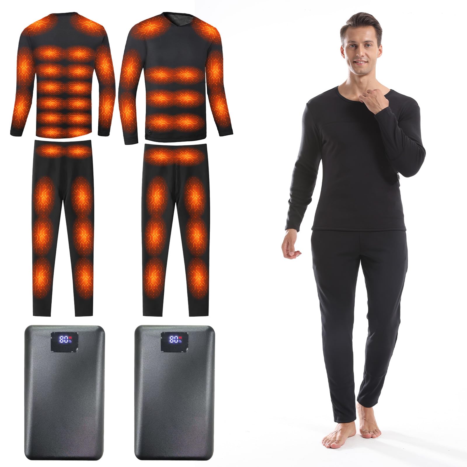 Heated Thermals Underwear Set for Men with 2 Quickly-Charging Batteries, Heated long Johns Shirts and Pants