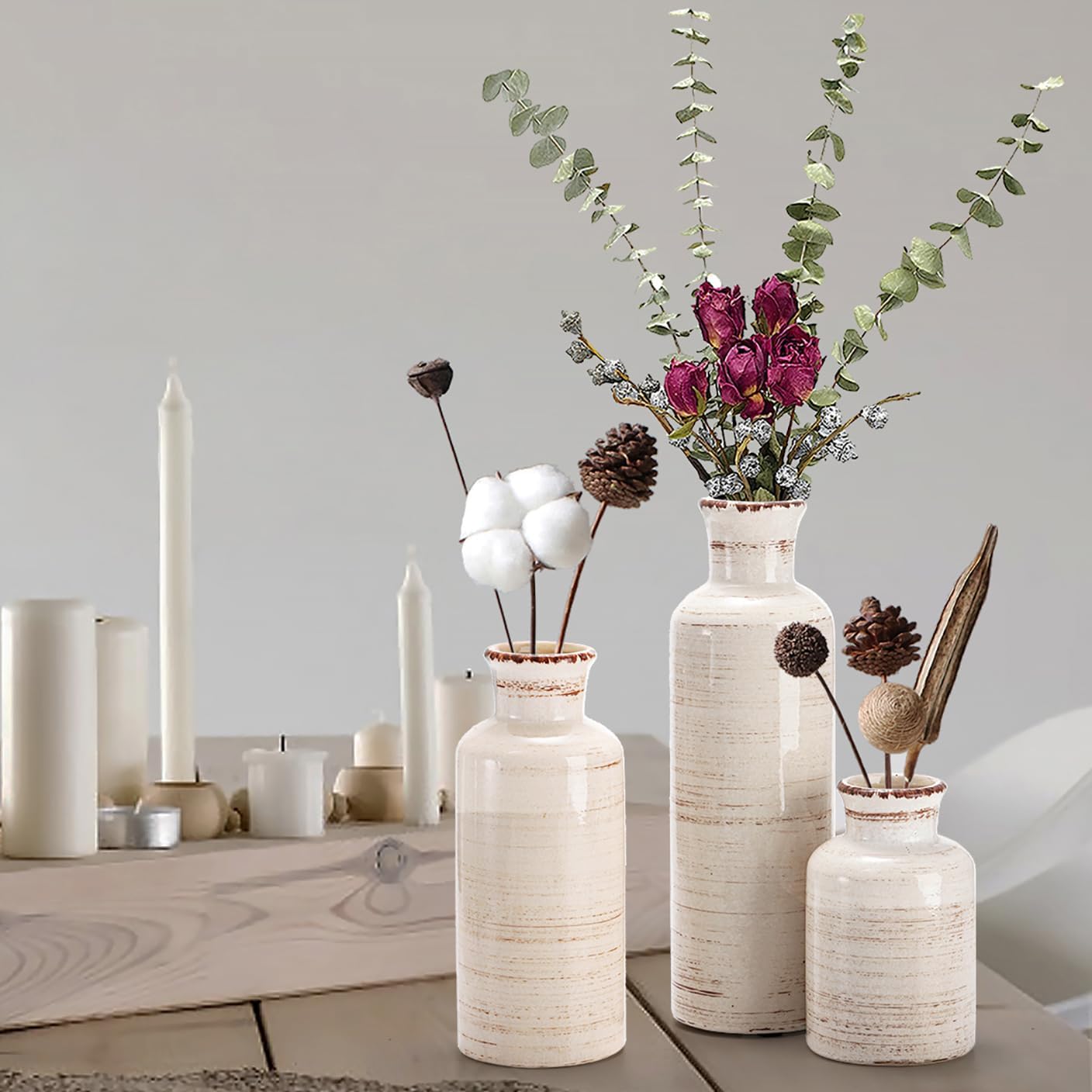 Nicunom Ceramic Vase Set of 3, Rustic Ceramic Flower Vase for Home Decor, Boho Decorative vase for Room, Centerpiece,Table, Shelf, Mantel and Entryway Decor - Image 5