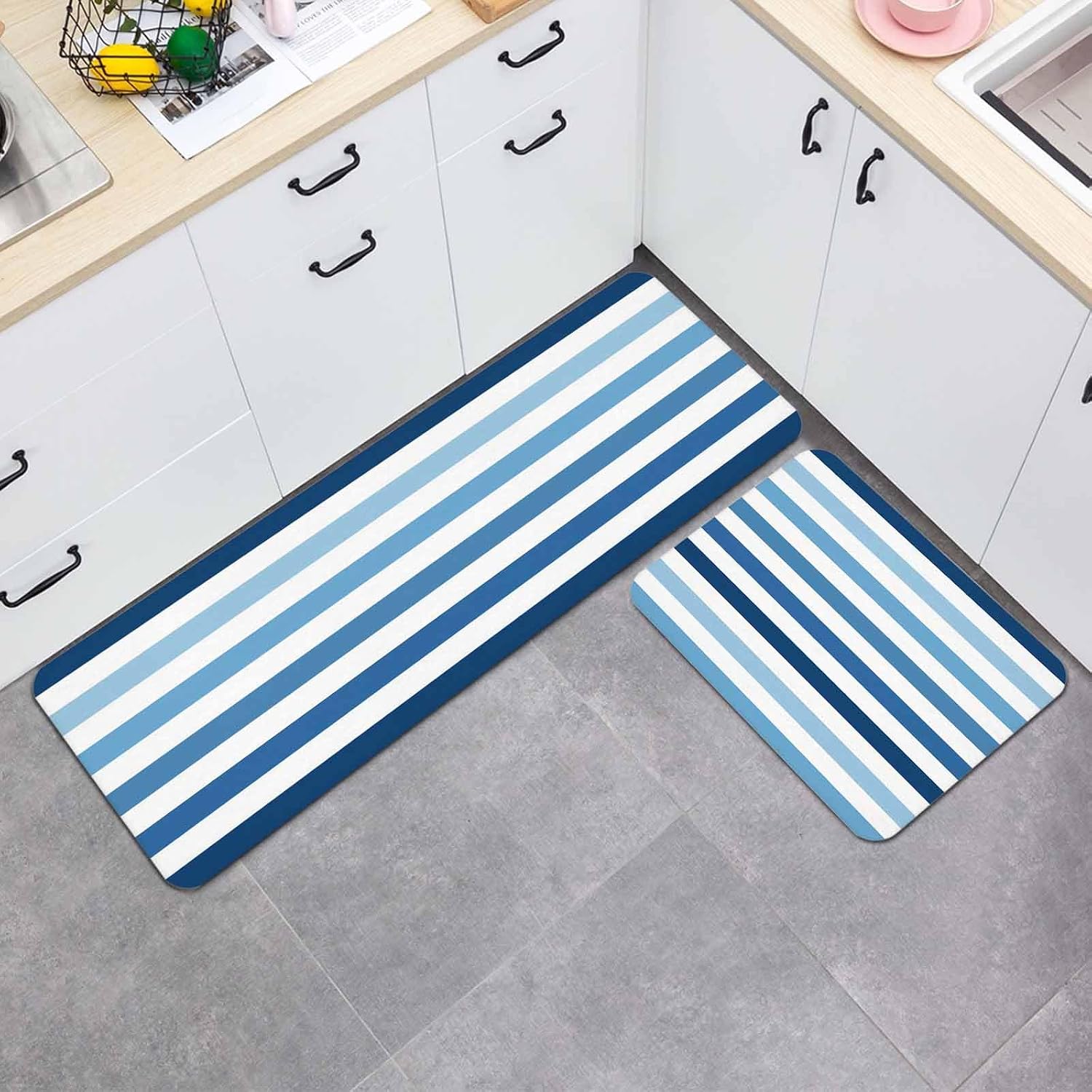 Prime Leader Gradient Blue White Striped Kitchen Mat Set 2 Pieces Modern Minimalist Lines Non Slip Kitchen Rugs Washable Runner Rug Mats for Sink Laundry (23.6" x 35.4"+23.6" x 70.9")
