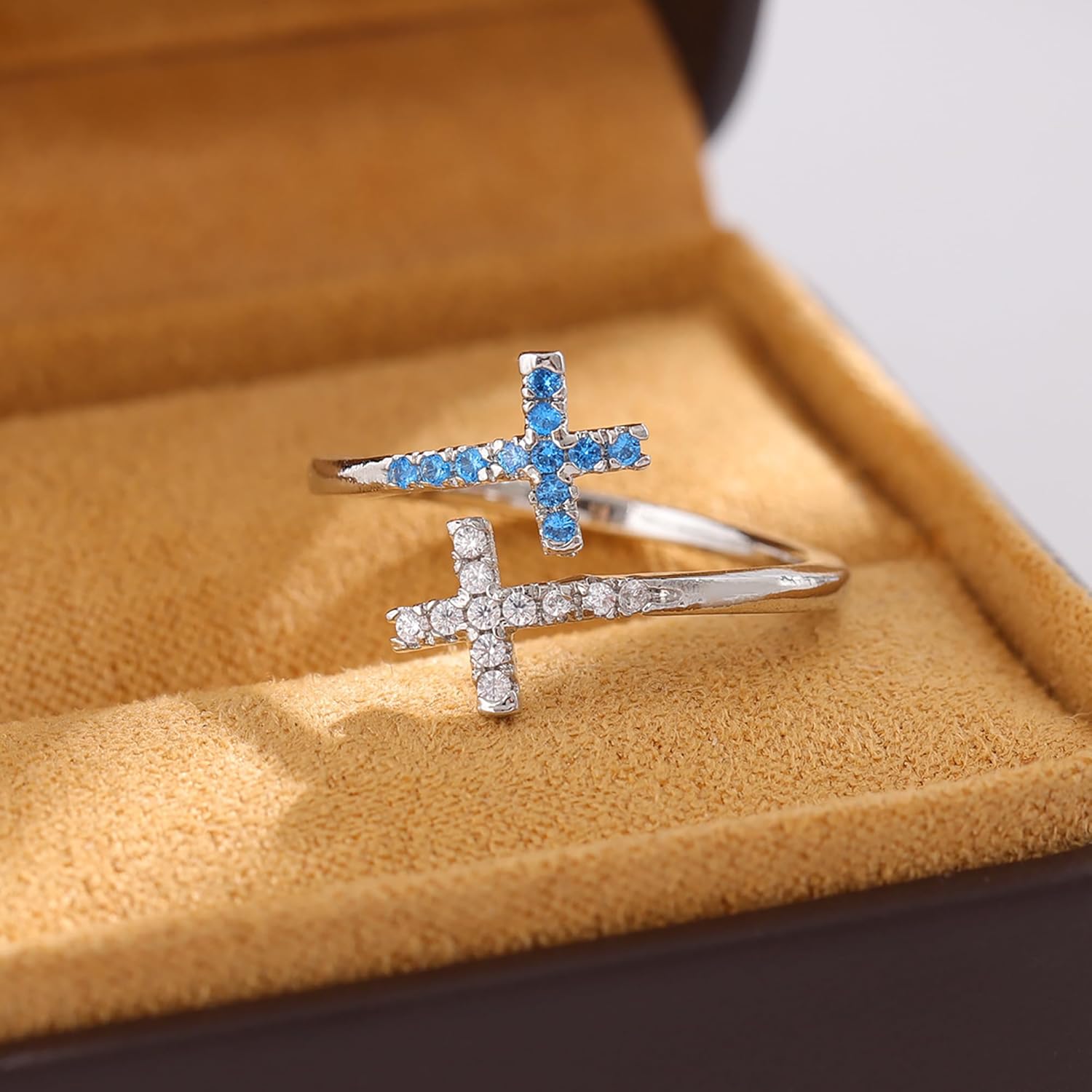 Dainty 14k Gold Plated Cross Feather Rings for Women 925 Sterling Silver Purity Ring with Blue Birthstone CZ Crystal Christian Faith Ring Easter Confirmation Baptism Jewelry Gifts to Daughter - Image 6