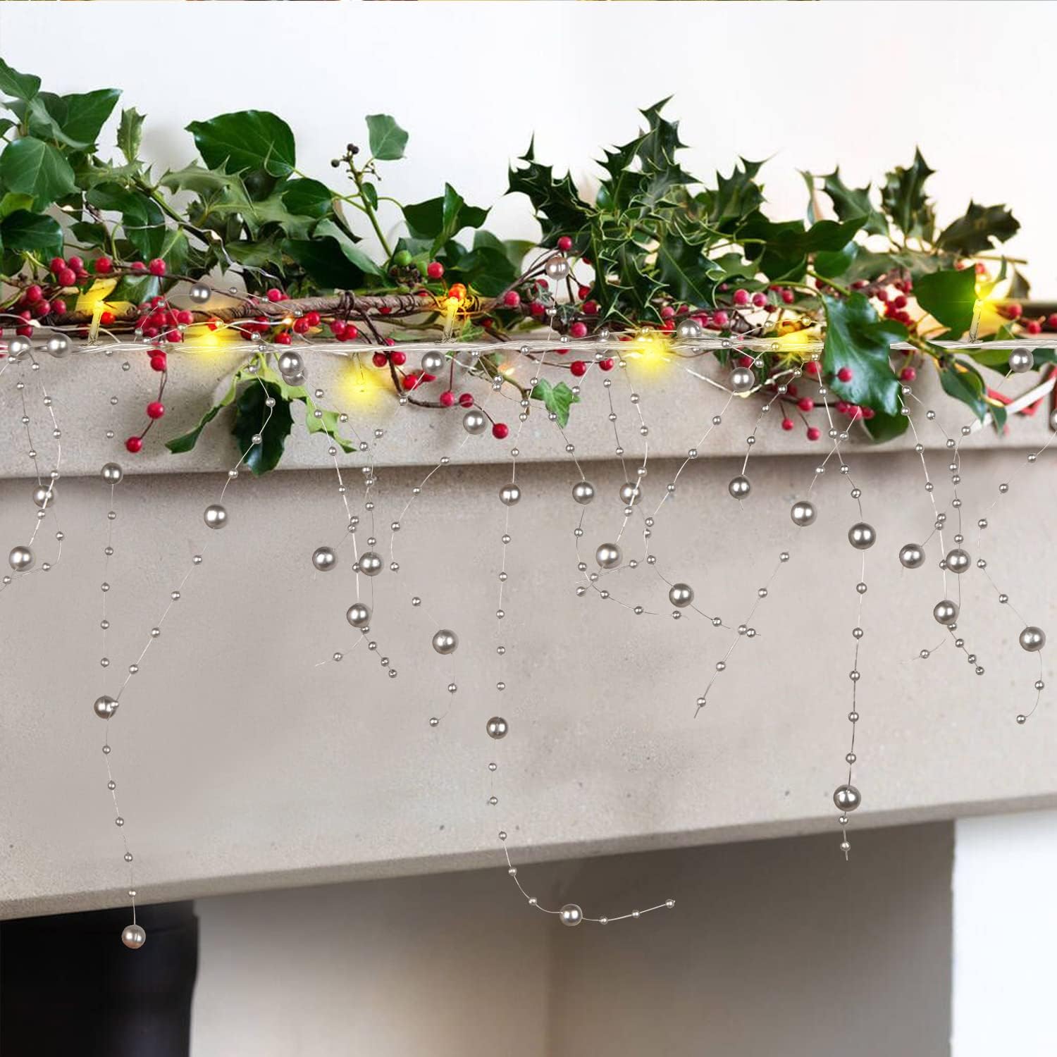 Artiflr 11FT Christmas Silver Berry Beaded Garland with 30LED String Lights for Christmas Decorations, Christmas Garland for Fireplace Mantel Indoor Outdoor Christmas Decoration