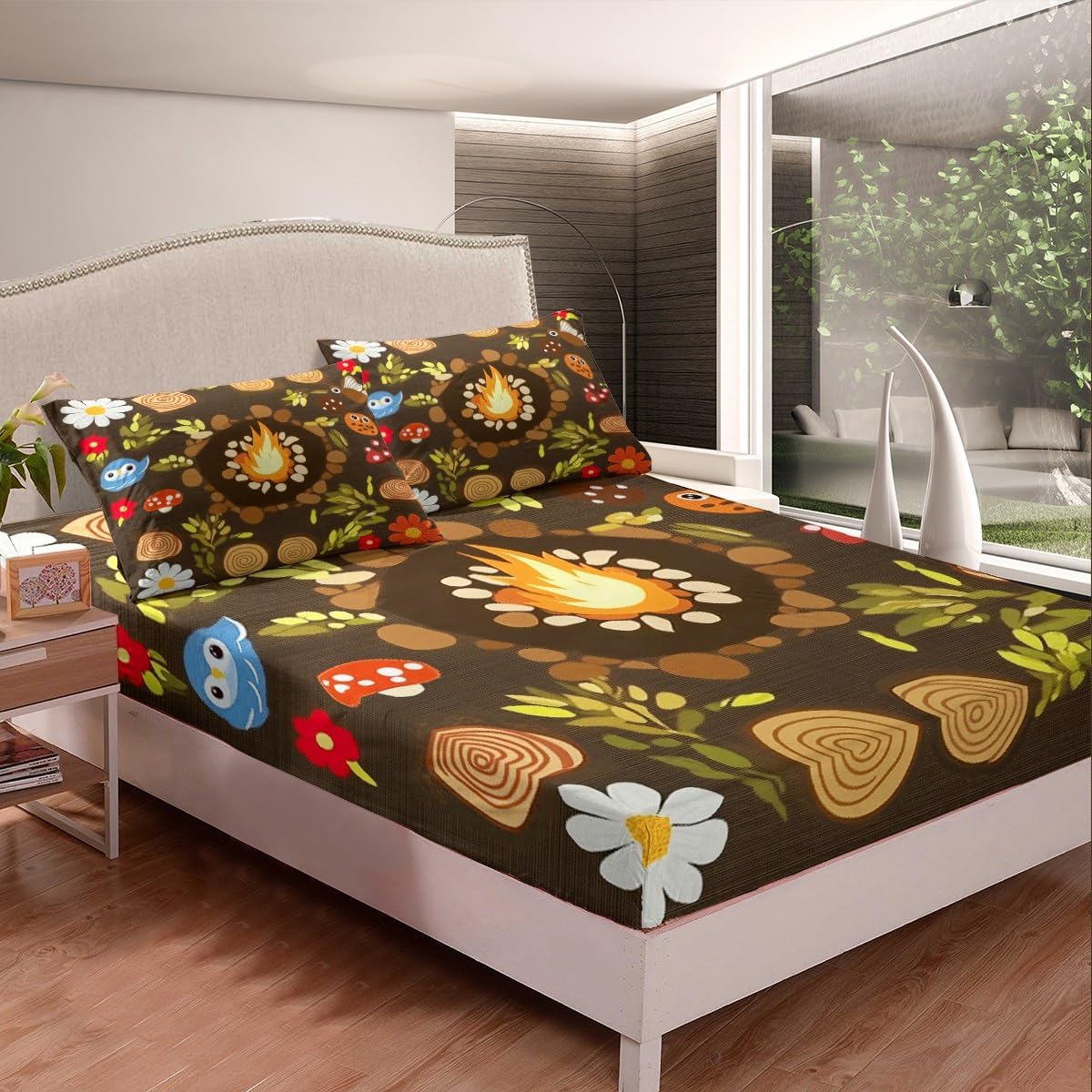 Erosebridal Campfire Bed Sheets Full Size Woodland Stump Fitted Sheet Cartoon Tree Seats Funny Owl Mushroom Bed Set for Kids Brown Leaves Florals Deep Pocket Bedroom Decor