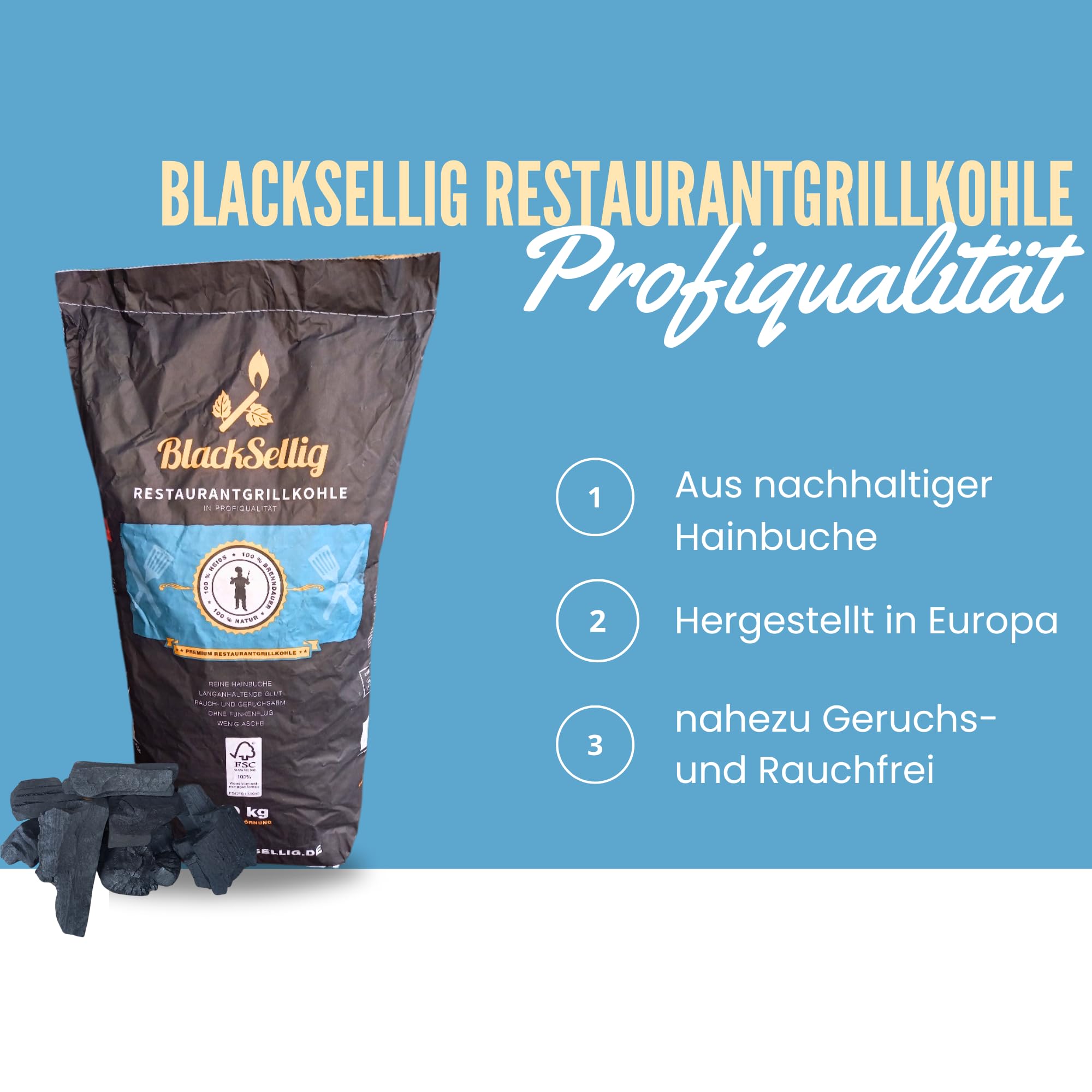 Restaurantgrillkohle 10 kg – Premium Hainbuchen-Holzkohle für langanhaltende Glut - FSC Zertifiziert