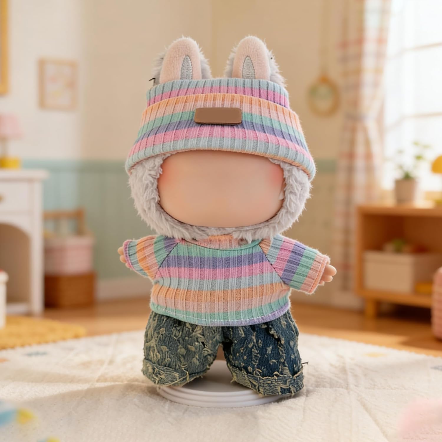 Doll Clothes for LABUBU 17cm Dolls,Hand Crocheted Clothes (3Pcs) with Premium Knit Hat, Rainbow Sweaters, and Pants Outfit Dress Up (Doll Not Included)