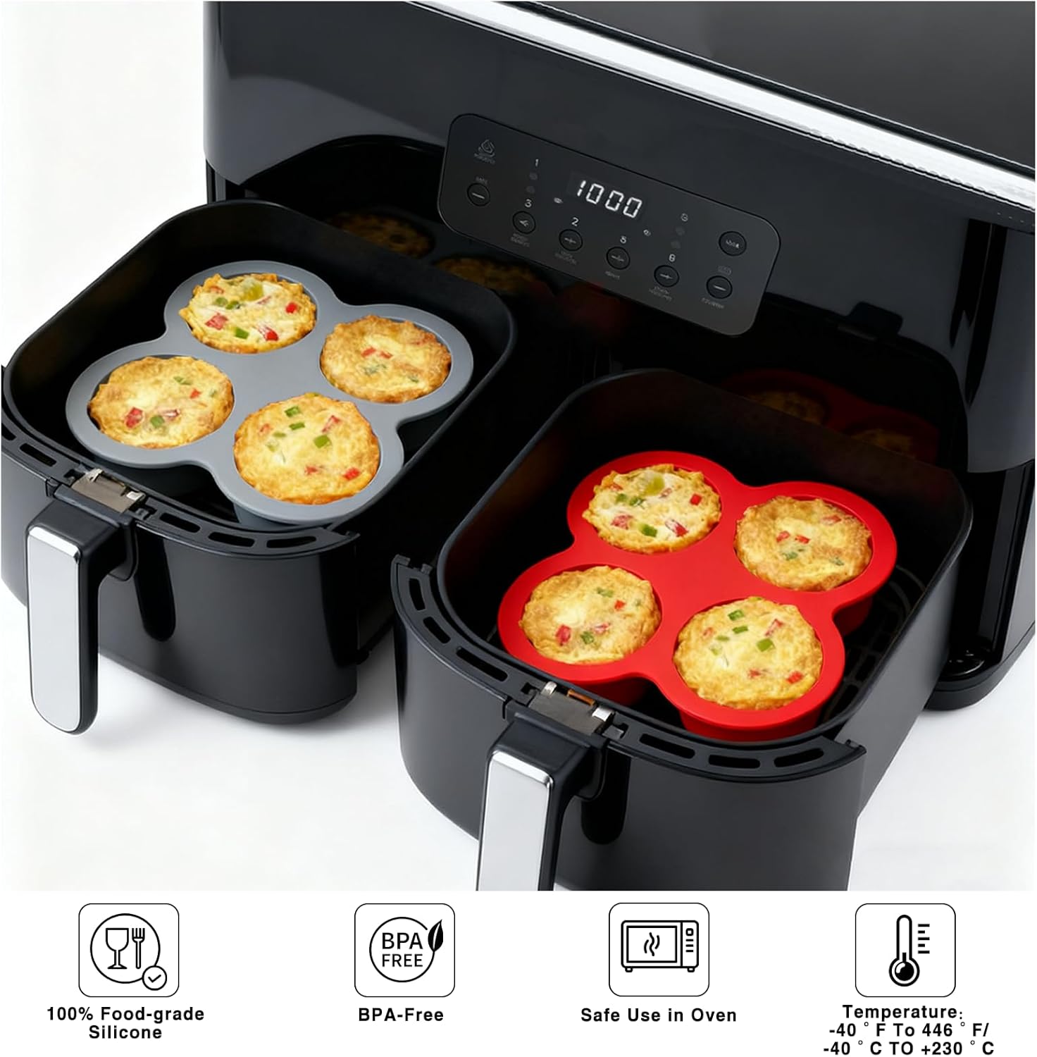 3-Pack Silicone Air Fryer Egg Bites Mold, 4 Cups Non-Stick Baking Pan | Perfect for egg bites, cupcakes, mini muffins, and more.Fits most air fryers and cleans up easily.