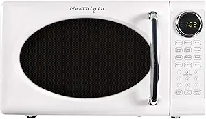 Nostalgia Retro Microwave Oven - 0.7 Cu Ft, 700-Watt Countertop Size with Glass Turntable, Child Safety Lock, 8 Auto-Cook Programs, Digital Clock - White