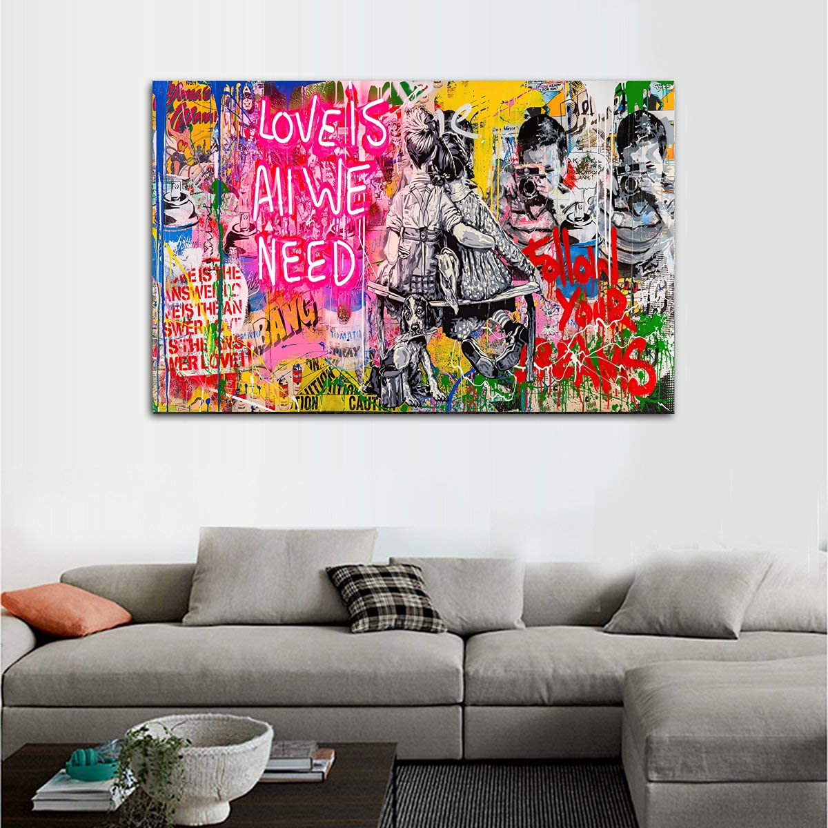 Banksy Kunst auf Leinwand Bild Love is All We Need Graffiti Street Art Wand Bild Pop Art Gemälde Kunstdruck Modern Wandbilder XXL Wanddekoration (Mit Rahmen, 120x80cm)