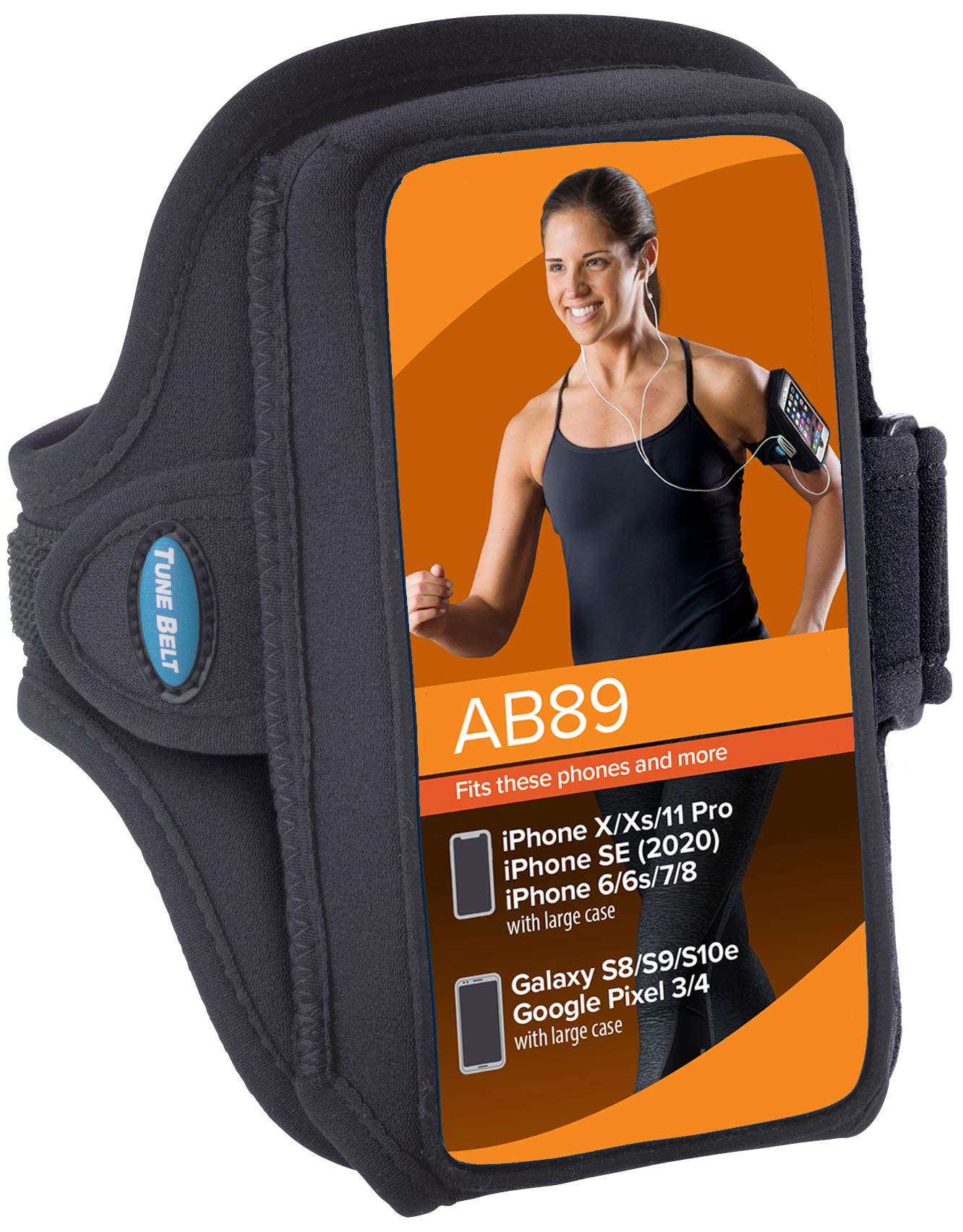 Tune Belt AB89 Brassard de téléphone portable pour iPhone 11 Pro, SE 2020, X/XS, Galaxy S9 S10e – Poche extra spacieuse pour OtterBox/Large – Pochette résistante à l'eau pour courir et faire de l'exercice