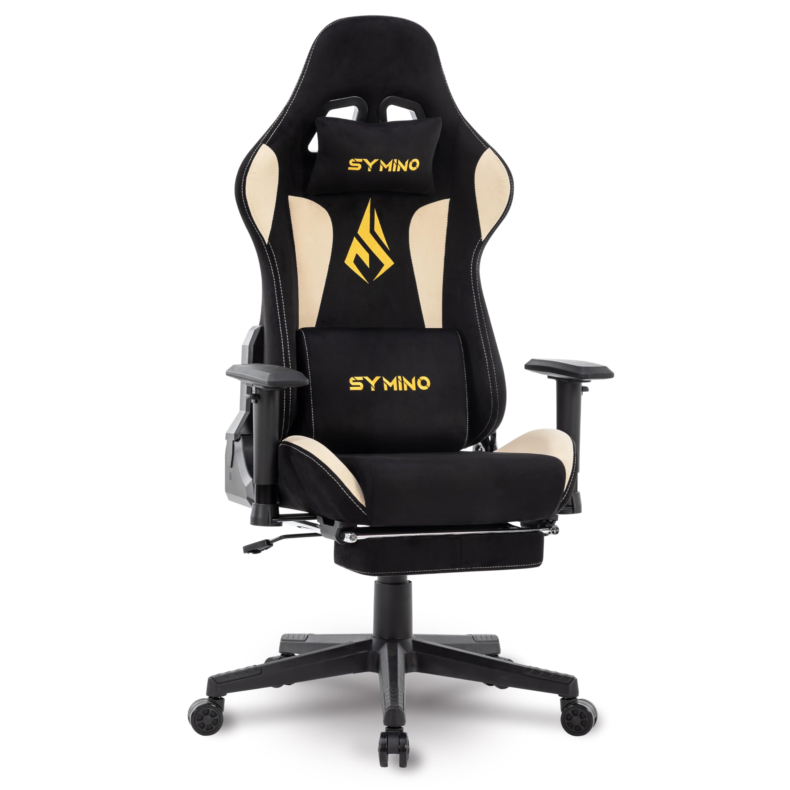 Symino Gaming Chair with Footrest, Computer Chair for Teens with Headrest and Lumbar Support, Ergonomic PC Chair, Height Adjustable Rotating Task Chairs, Black Beige
