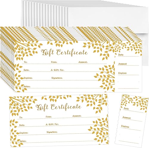 Sinmoe 50 juegos de certificados de regalo para negocios con 50 sobres, tarjetas de certificado de regalo en blanco con nombre y dirección rústicas