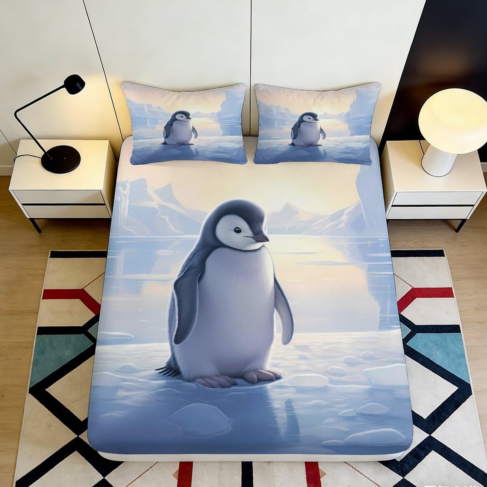 3D Printed Arctic Penguin Fitted Sheet Microfiber Soft Anti-Slip Icy Landscape Bed Cover for Bedroom Dorm Decor 90x200x25cm