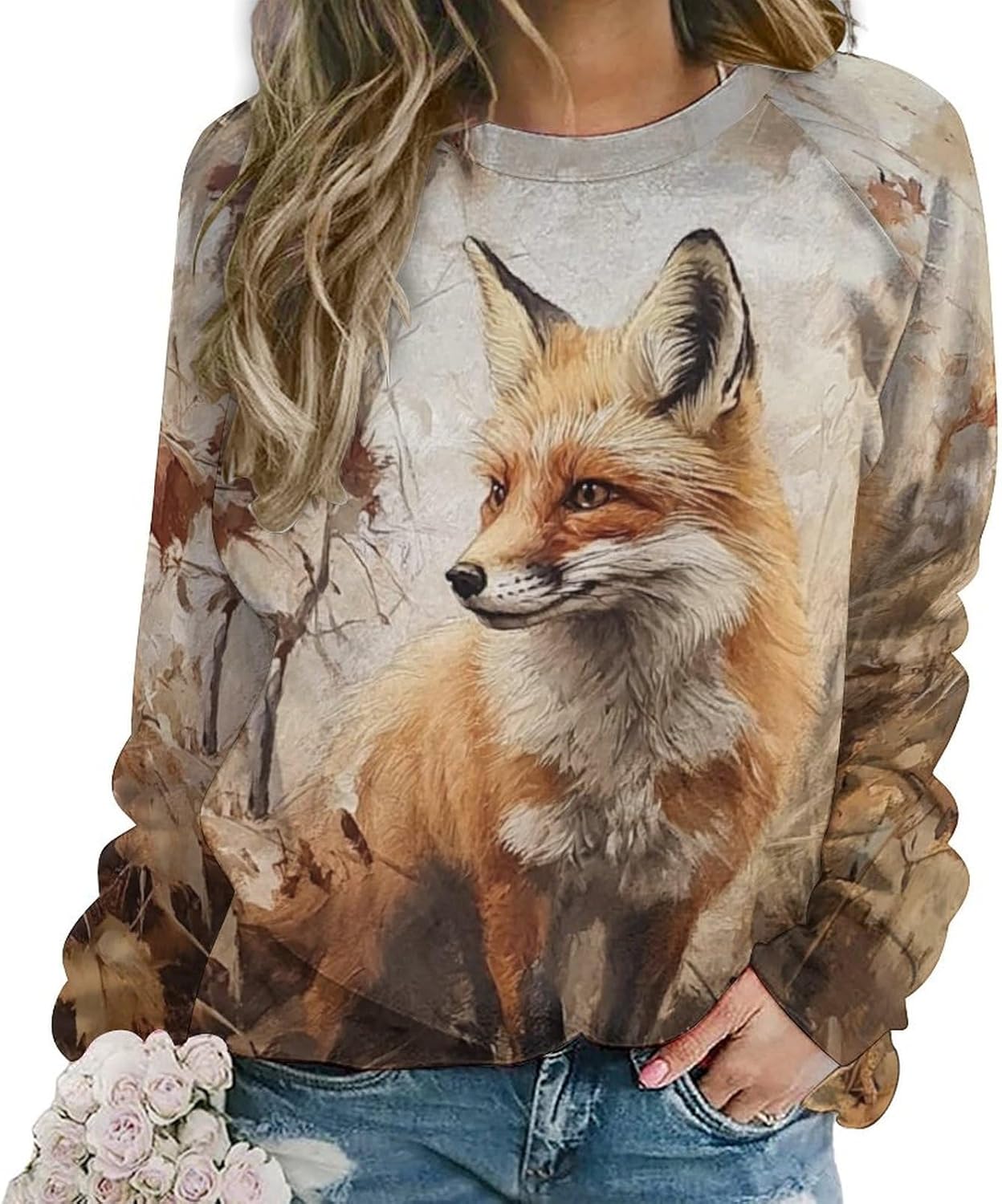 Fox Sweater Women Pullover Oversized Crewneck Long Sleeve Fall Warm Casual Lounge Outdoor Holiday Sweatshirt