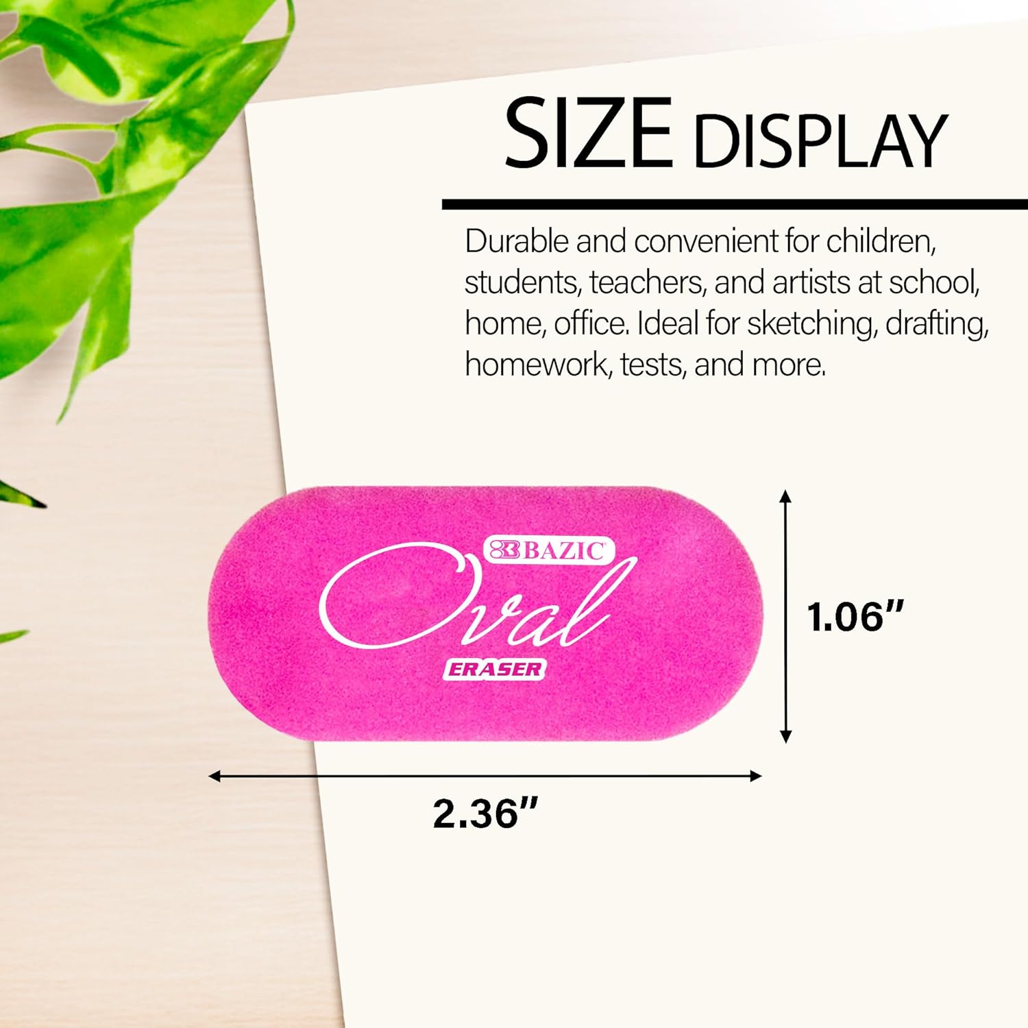 BAZIC Products Erasers, Bright Color Oval Eraser (4/Pack) Latex Free, Large Size Block Erasers for Art Drawing School Office Teachers, 24-Packs