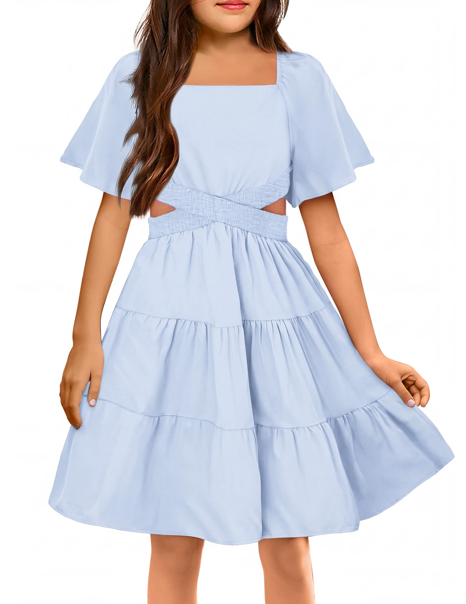 Arshiner Girls Dresses Square Neck Cut Out Shirred Party Cute Tween Dress