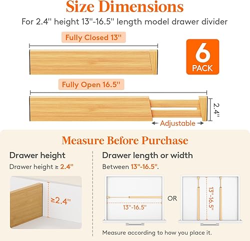 Miniatura 3 de Lifewit Paquete de 6 separadores de cajones de bambú de 2.4 pulgadas de alto, organizadores de cajones ajustables de 12 a 17 pulgadas para ropa,
