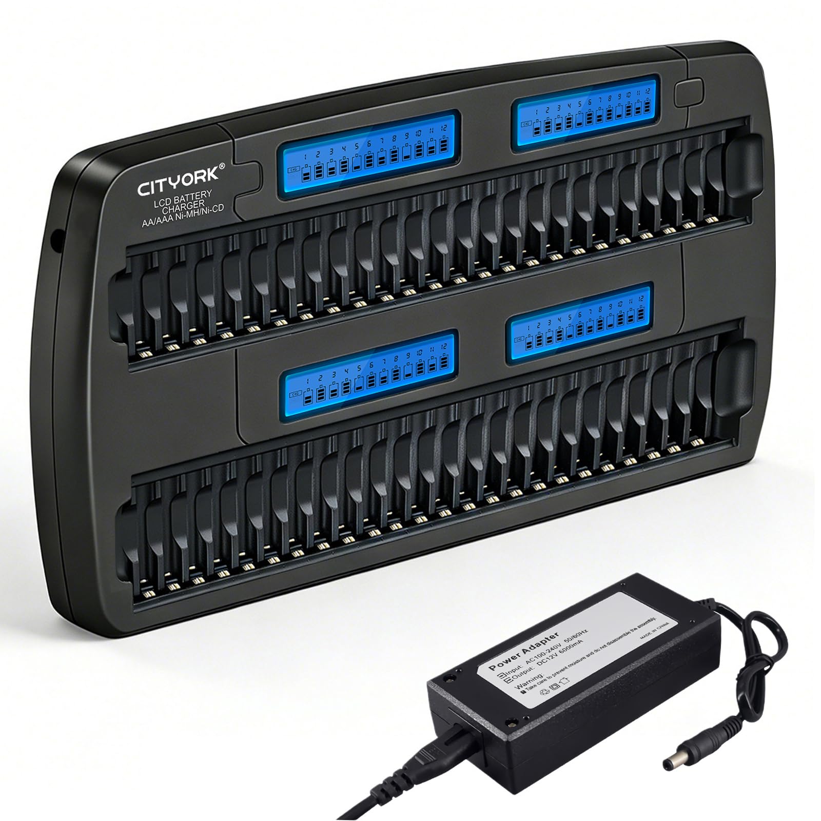 CITYORK 48 Bay AA AAA Caricabatteria Multiplo Display LCD per 1.2V AA/AAA NiMH/NiCd Batterie Ricaricabili con Built-in IC Protezione & Adattatore da Parete AC
