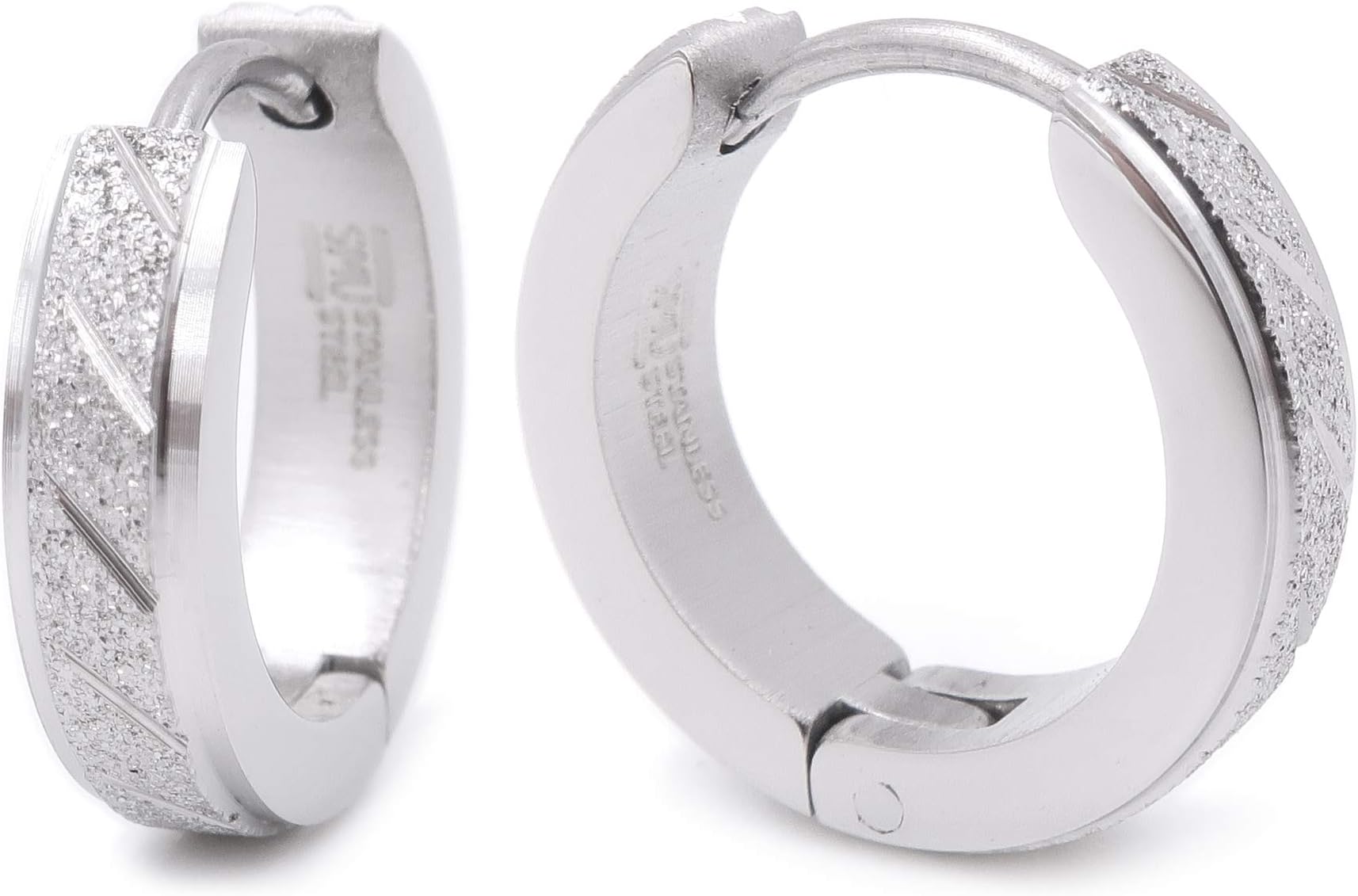 Stainless Steel Mens Hoop Earrings Stripe Whole Silver Color Bevel Edge 16mm