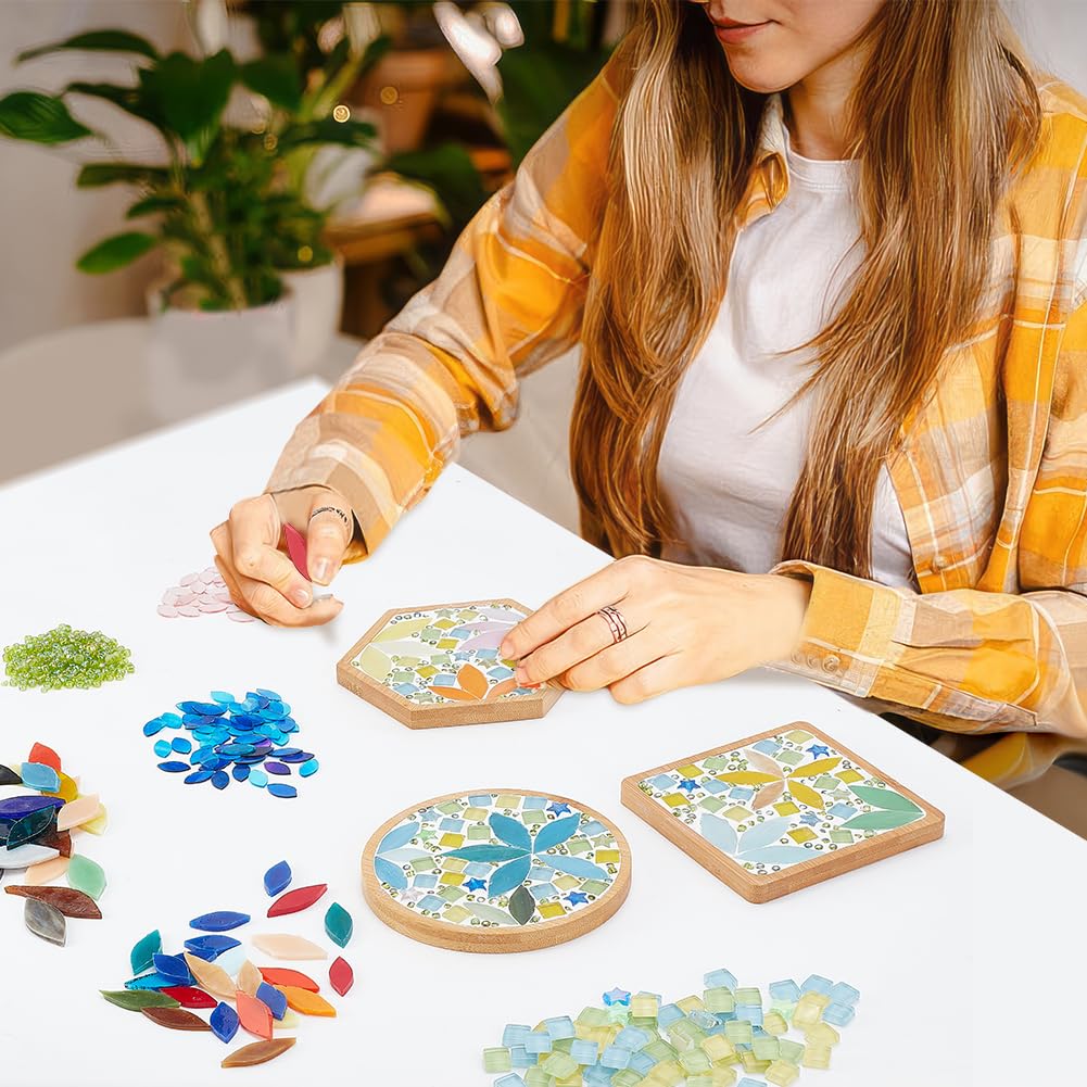 WEBEEDY 3er-Set DIY Mosaik-Untersetzer Kit – Mit Bambus-Untersetzern, Mosaikfliesen & Perlen, Inkl. Anleitung